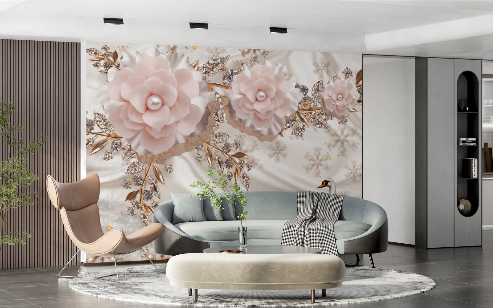 Фотошпалери рожеві квіти прикрашені золотими та білосніжними лебедями