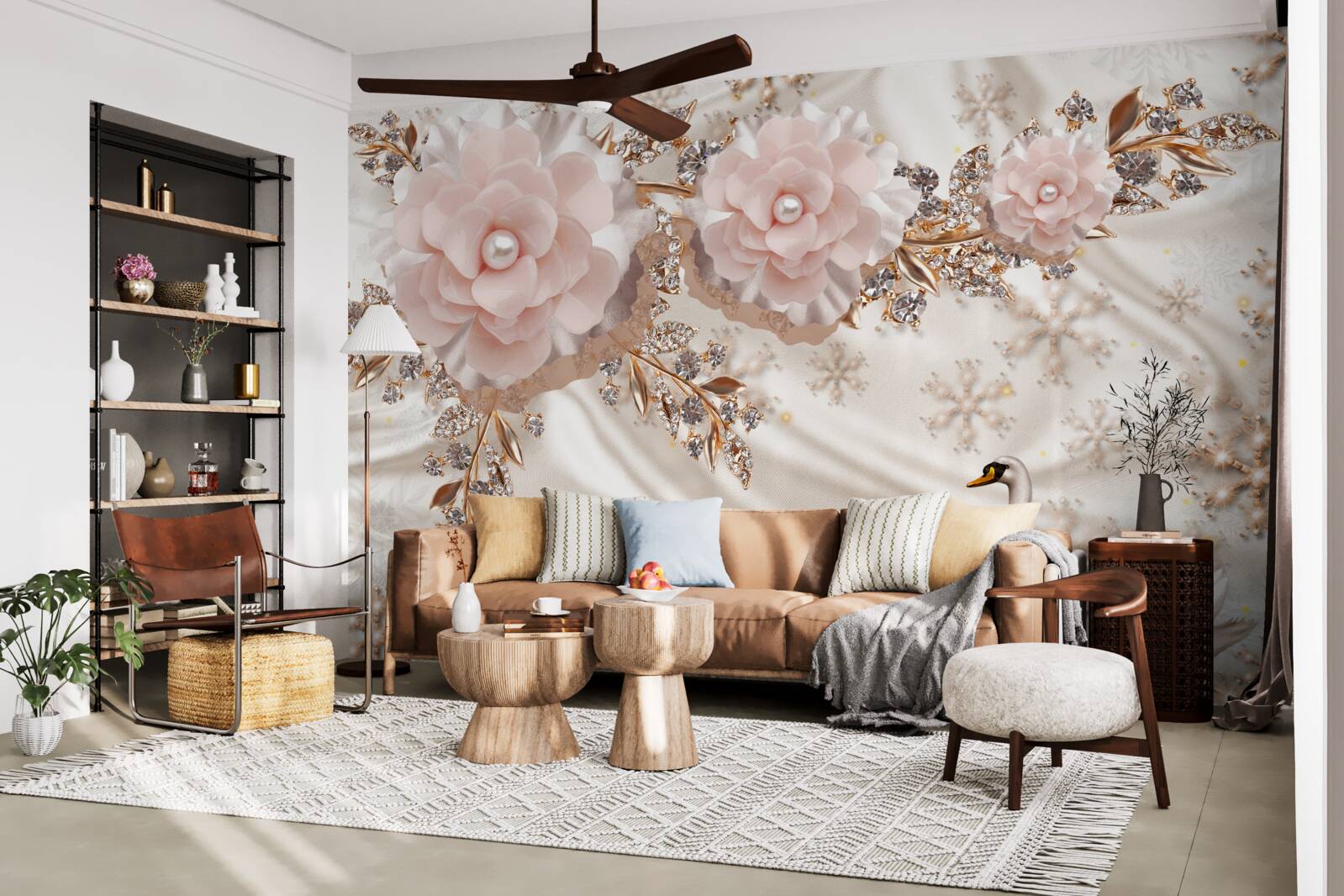 Фотошпалери рожеві квіти прикрашені золотими та білосніжними лебедями