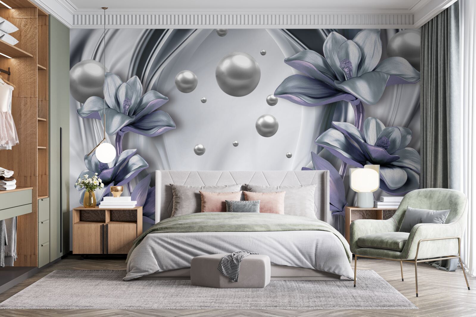 Фотошпалери відображення перлин і квітів у воді