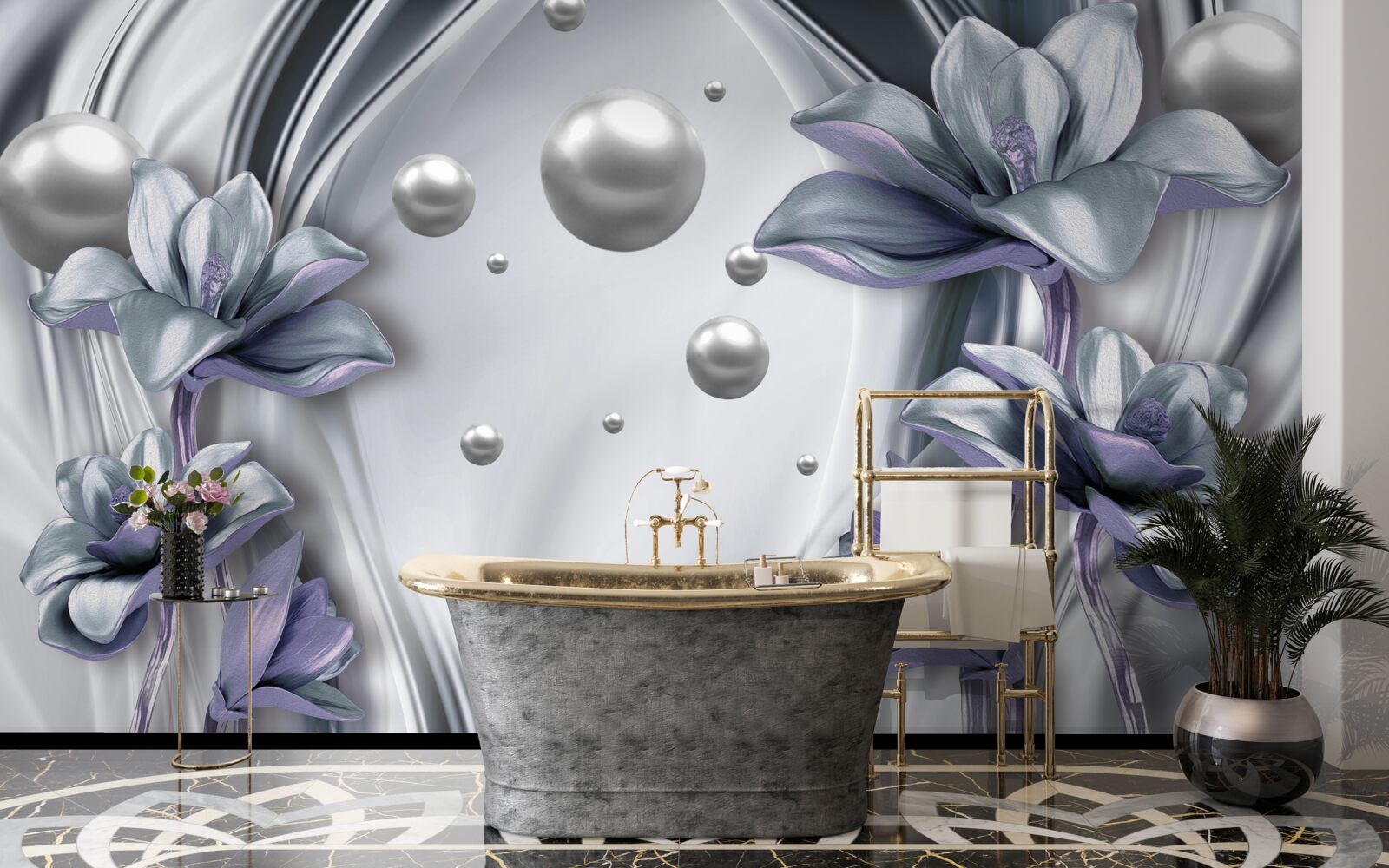 Фотошпалери відображення перлин і квітів у воді