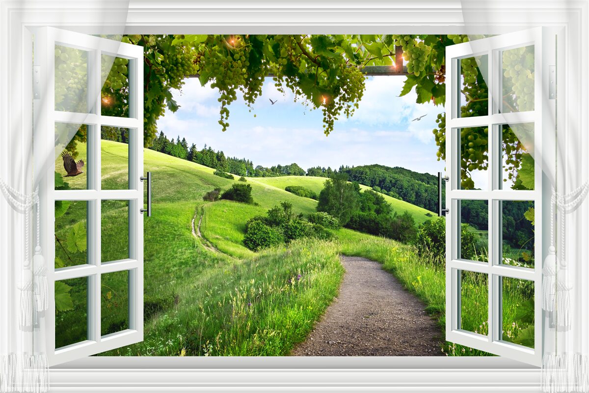Фотошпалери Вікно з видом на панораму зелених лугів