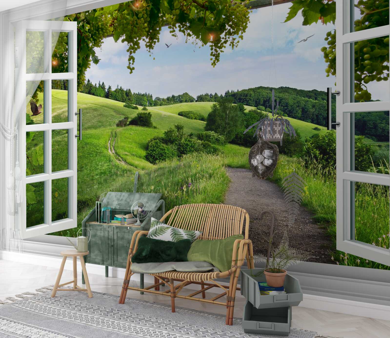 Фотошпалери Вікно з видом на панораму зелених лугів