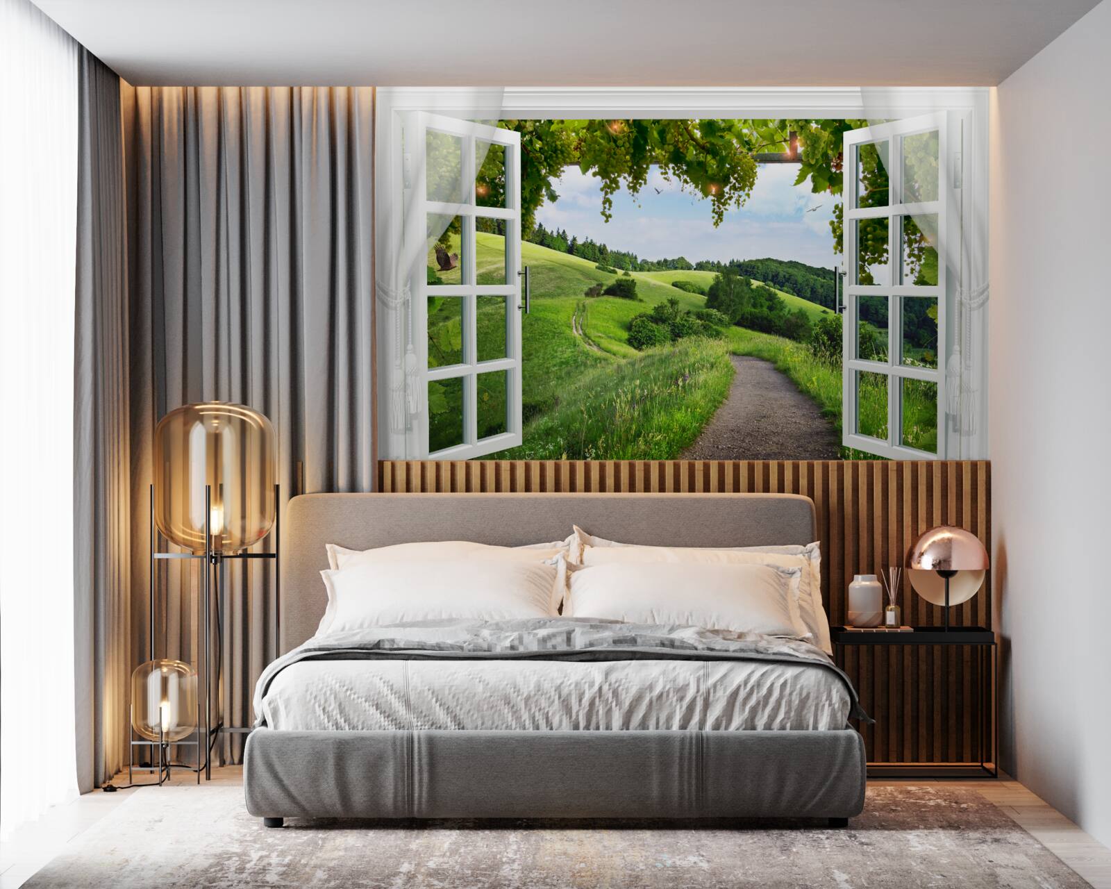 Фотошпалери Вікно з видом на панораму зелених лугів