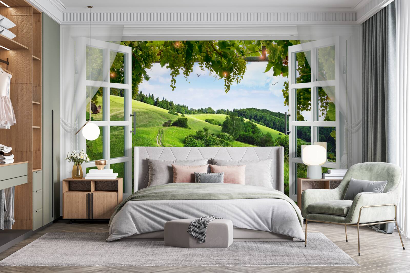 Фотошпалери Вікно з видом на панораму зелених лугів