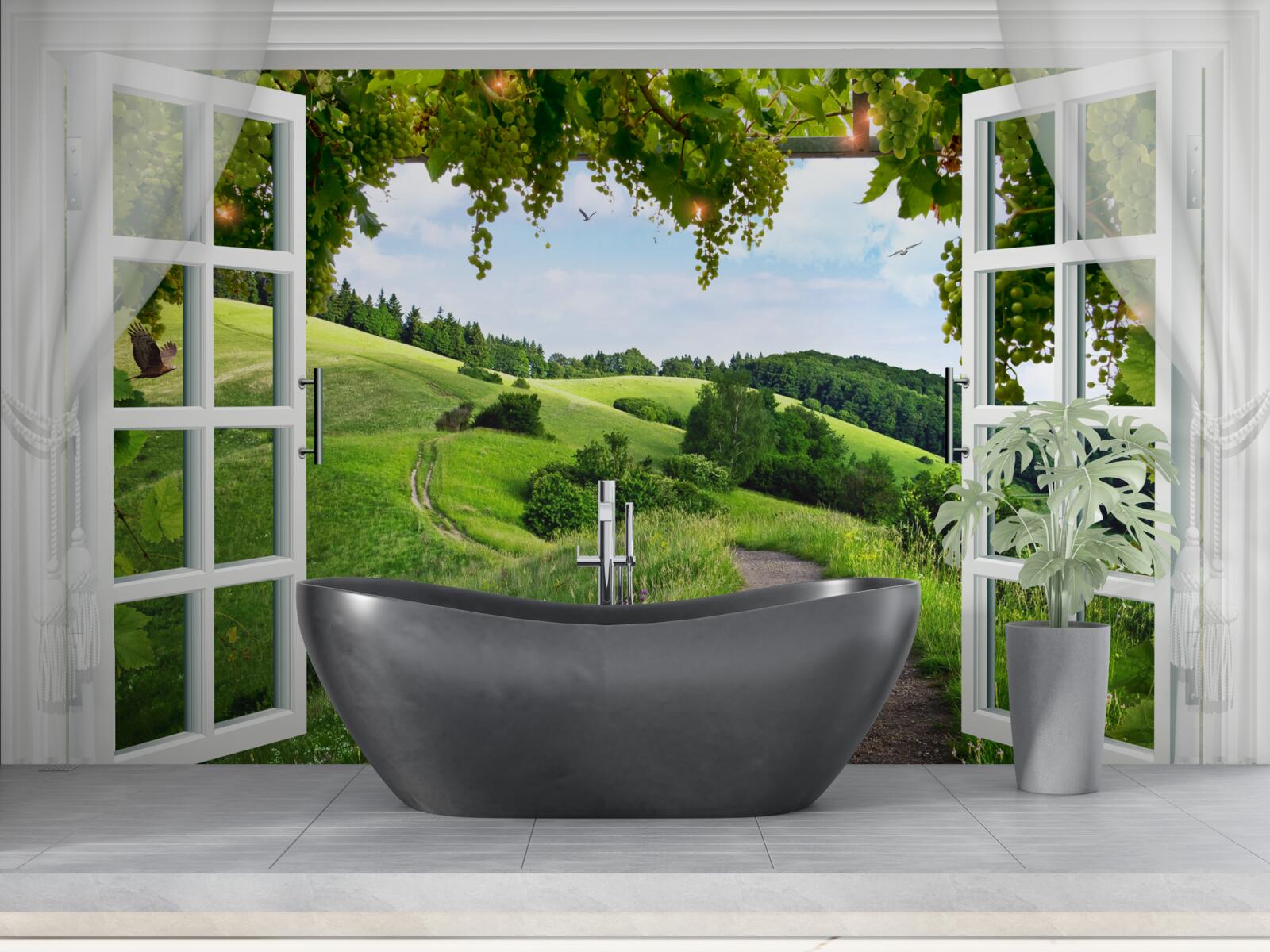 Фотошпалери Вікно з видом на панораму зелених лугів