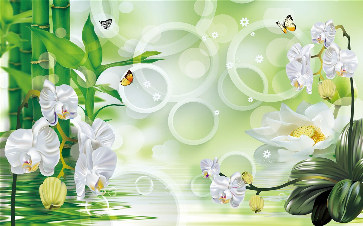 Фотошпалери вода, що гармонійно поєднується з білими орхідеями та бамбуком