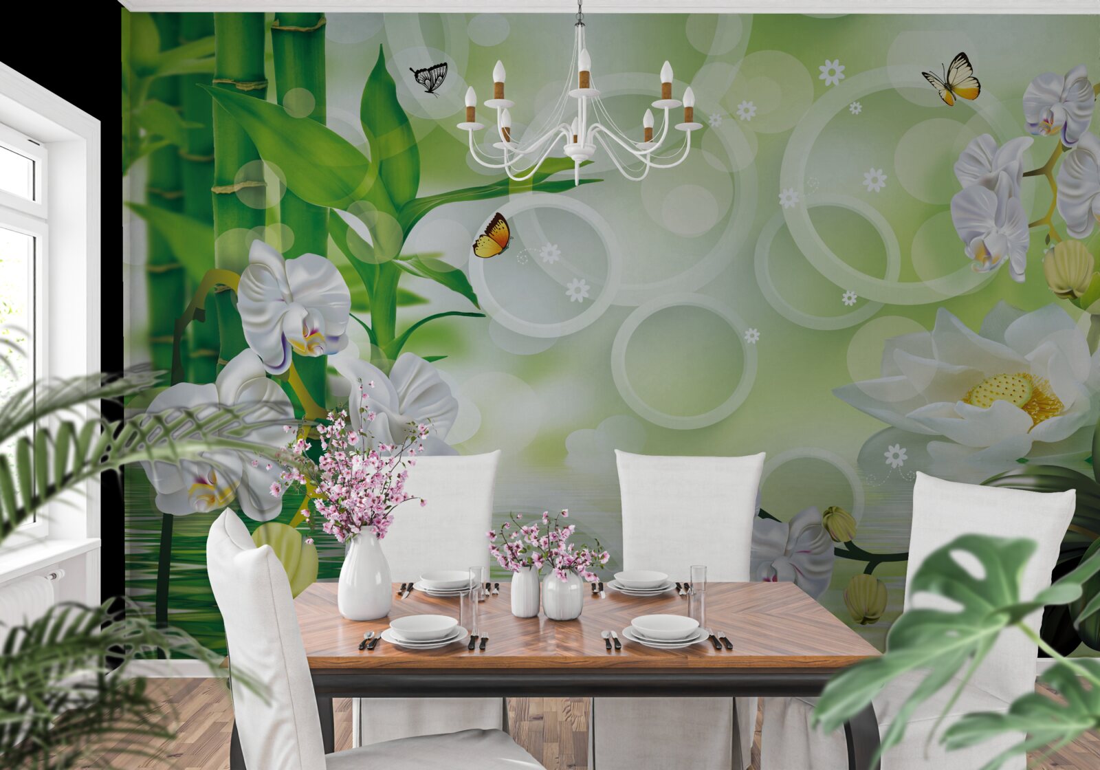 Фотошпалери вода, що гармонійно поєднується з білими орхідеями та бамбуком