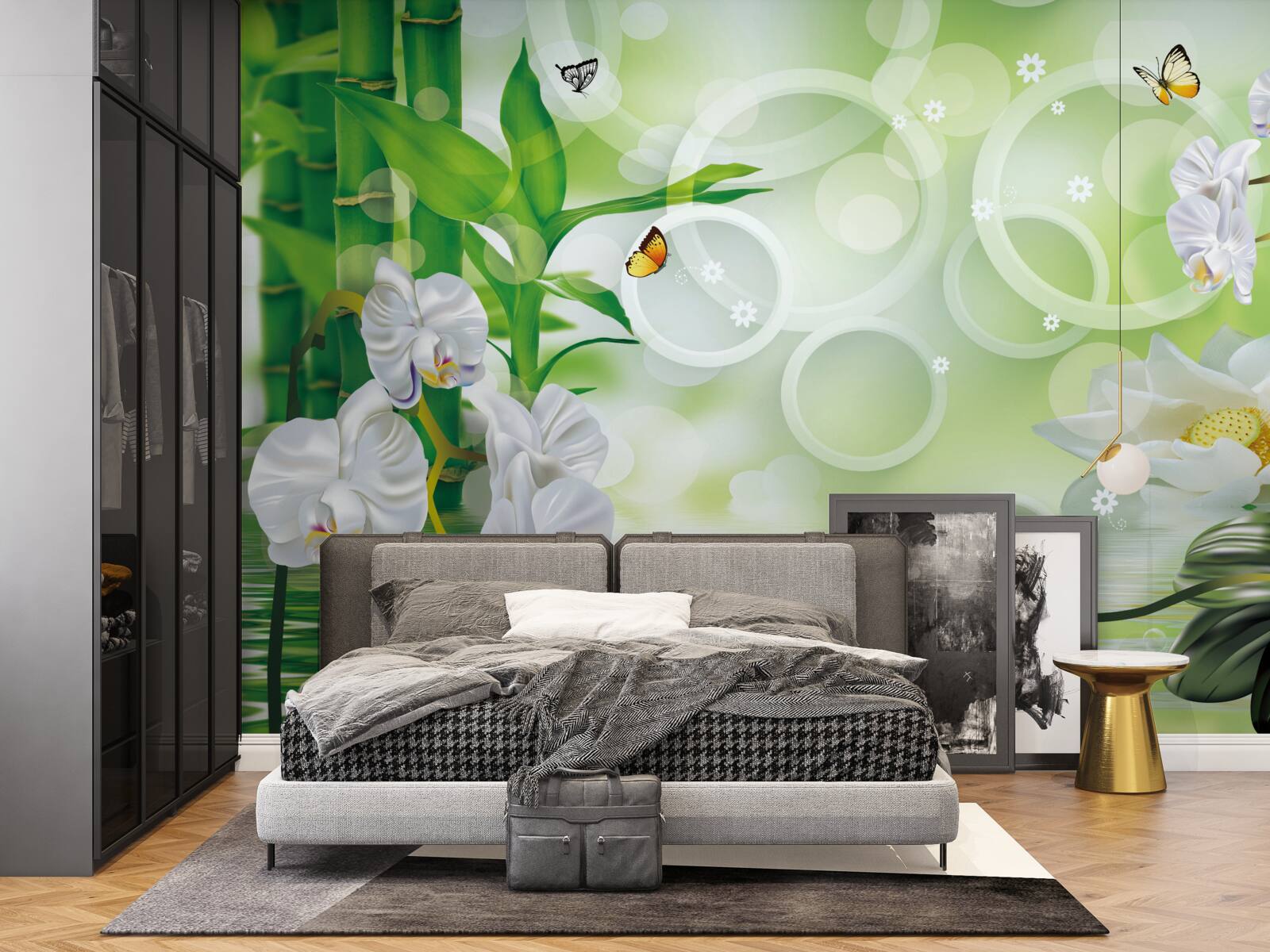 Фотошпалери вода, що гармонійно поєднується з білими орхідеями та бамбуком