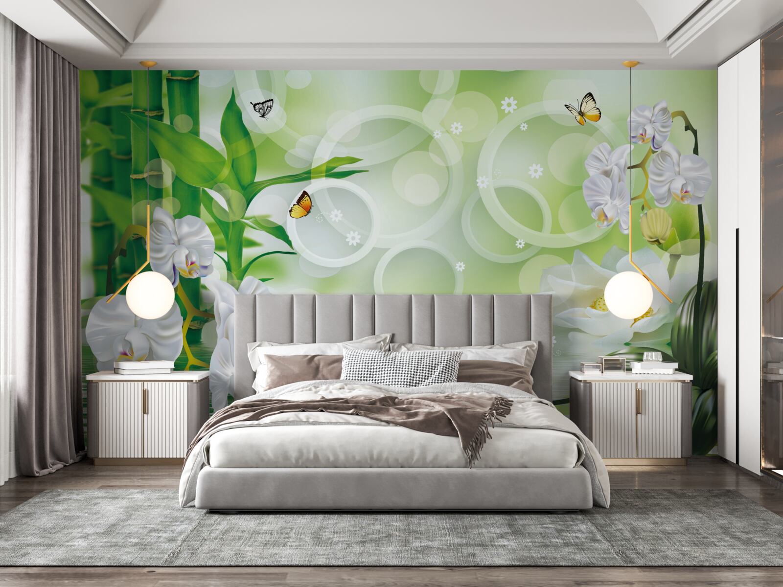 Фотошпалери вода, що гармонійно поєднується з білими орхідеями та бамбуком