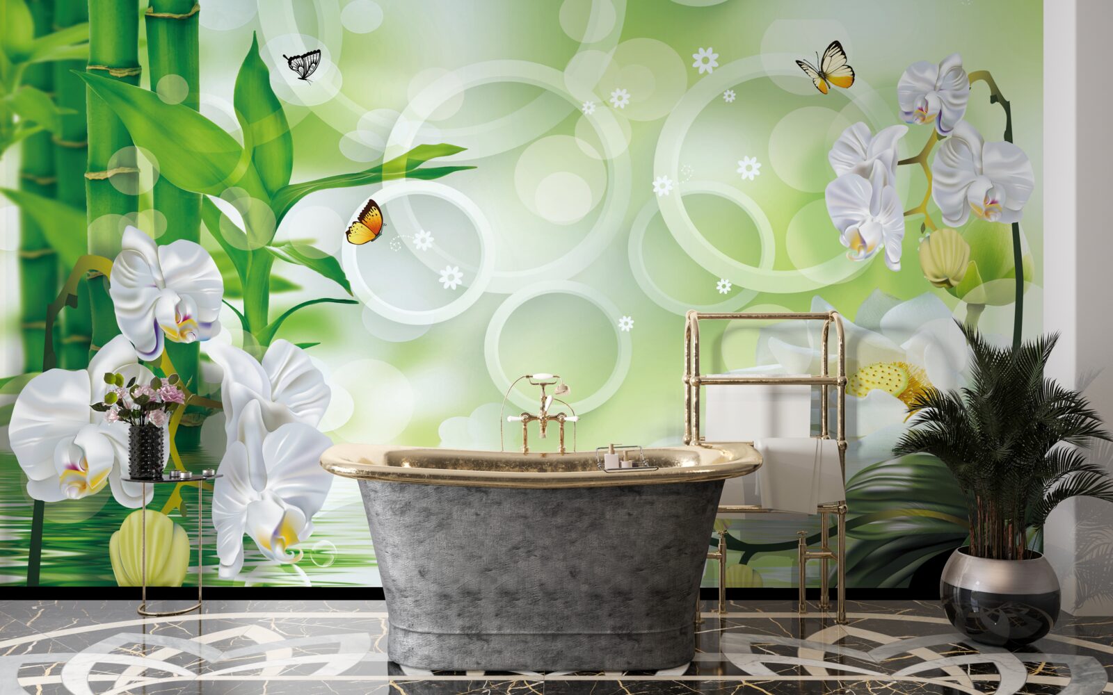 Фотошпалери вода, що гармонійно поєднується з білими орхідеями та бамбуком