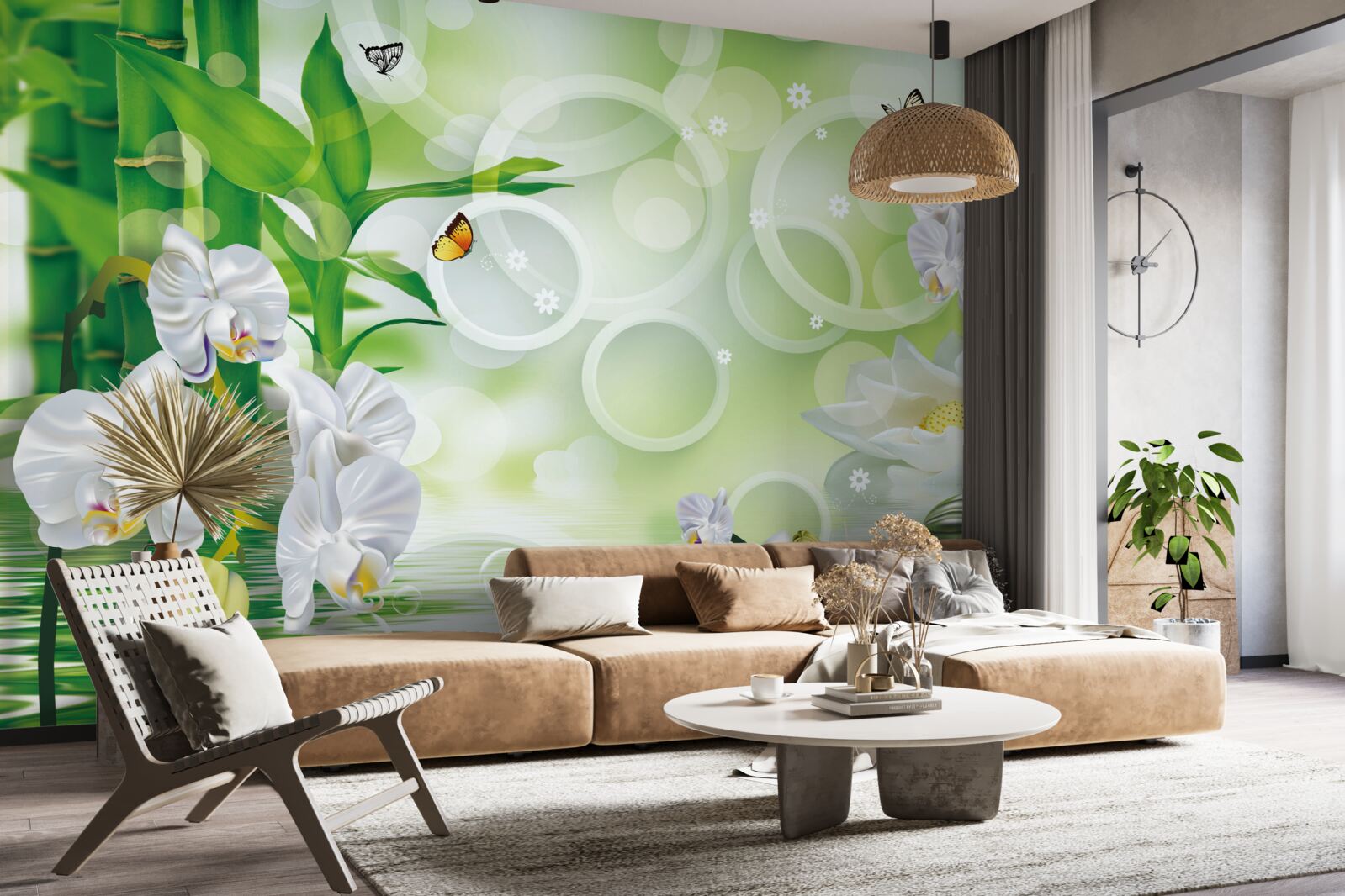 Фотошпалери вода, що гармонійно поєднується з білими орхідеями та бамбуком