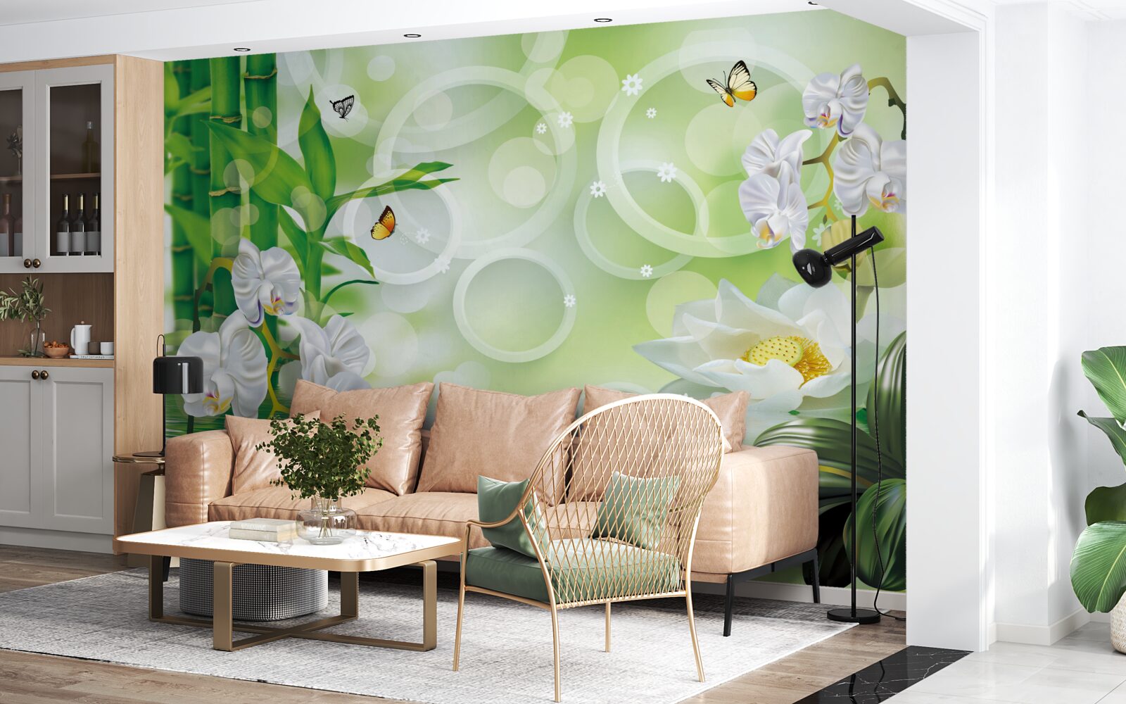 Фотошпалери зелений бамбук і квіти відбиваються у воді, оточені білими колами