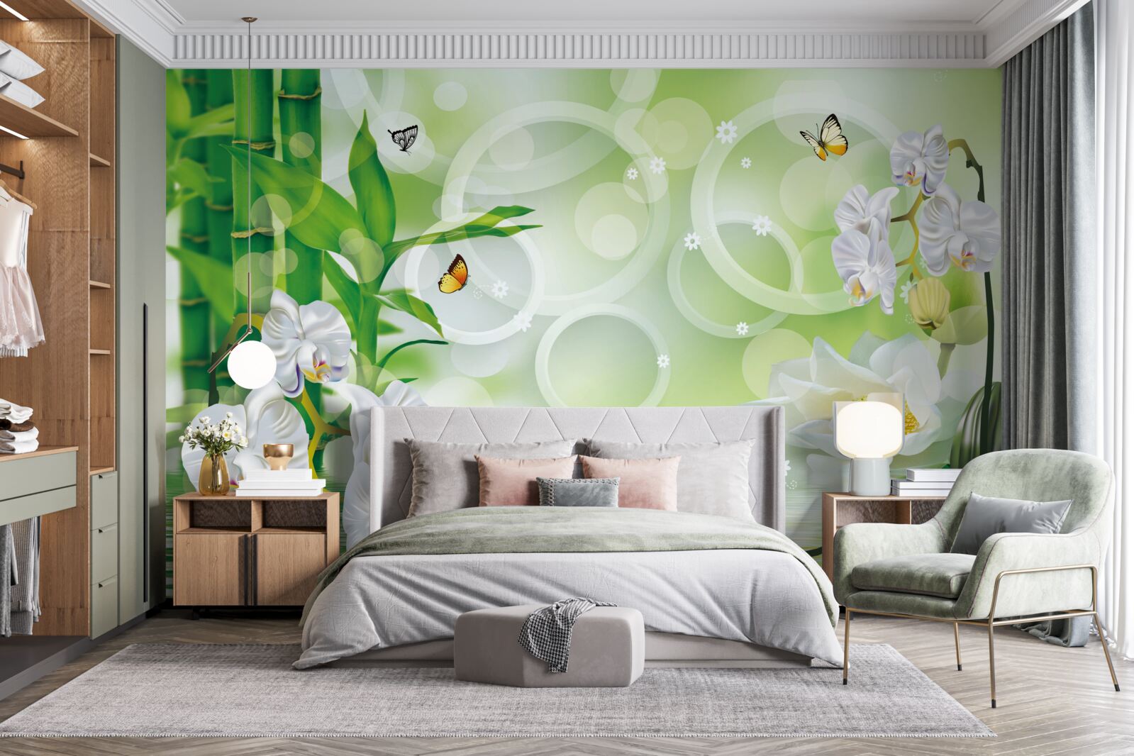 Фотошпалери зелений бамбук і квіти відбиваються у воді, оточені білими колами