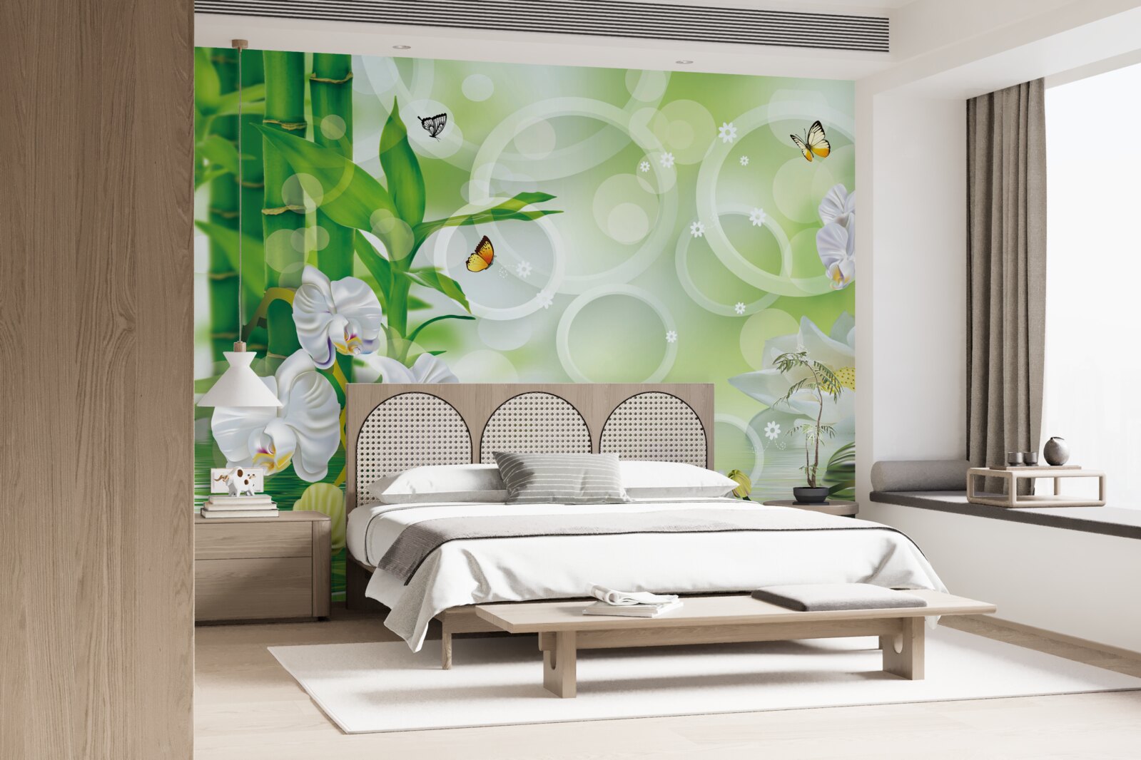 Фотошпалери зелений бамбук і квіти відбиваються у воді, оточені білими колами