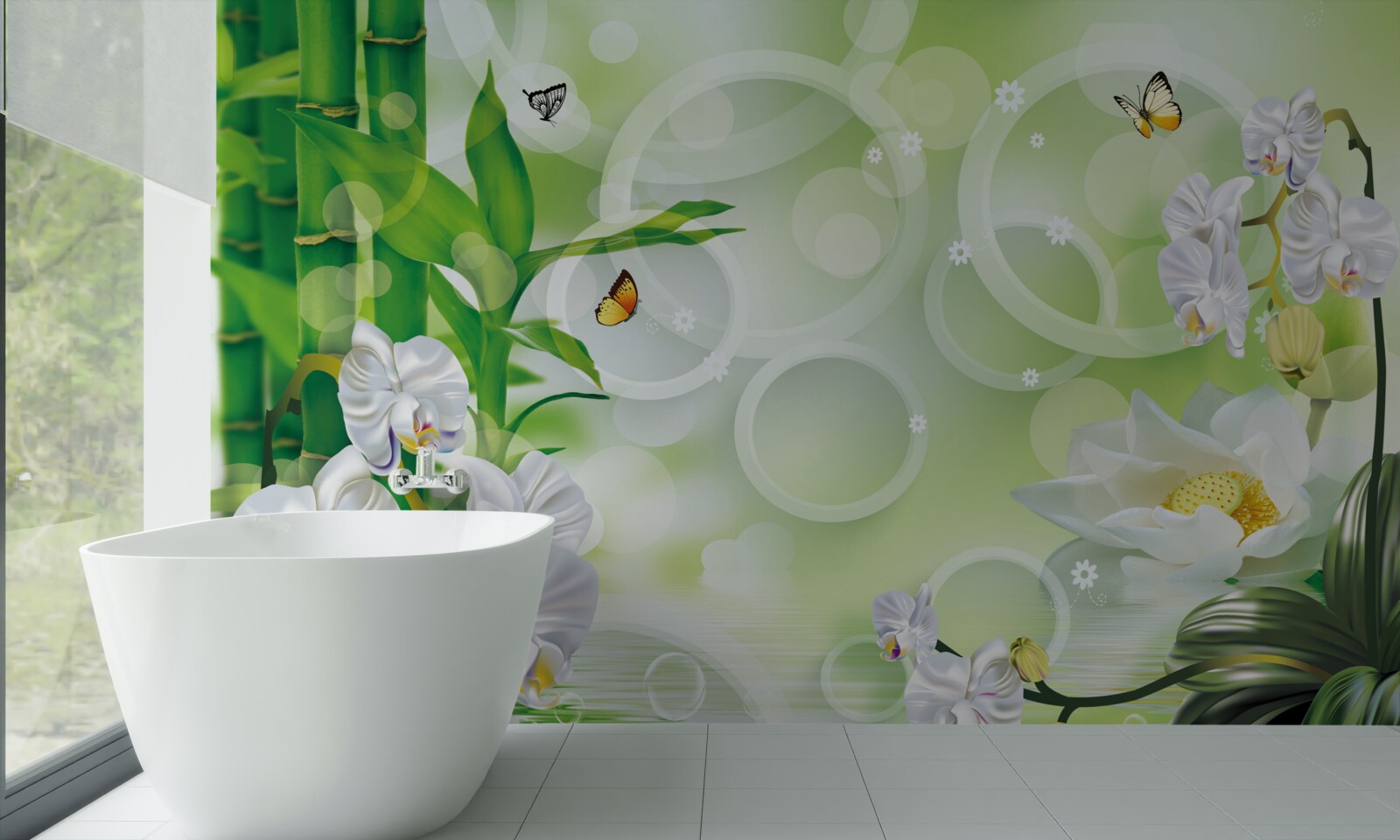 Фотошпалери зелений бамбук і квіти відбиваються у воді, оточені білими колами