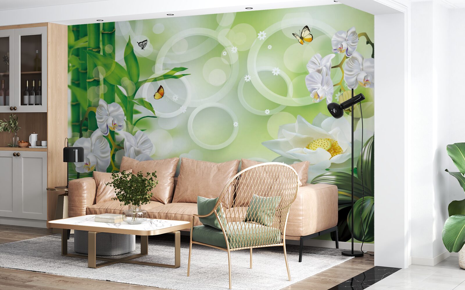 Фотошпалери зелений бамбук і квіти відбиваються у воді, оточені білими колами