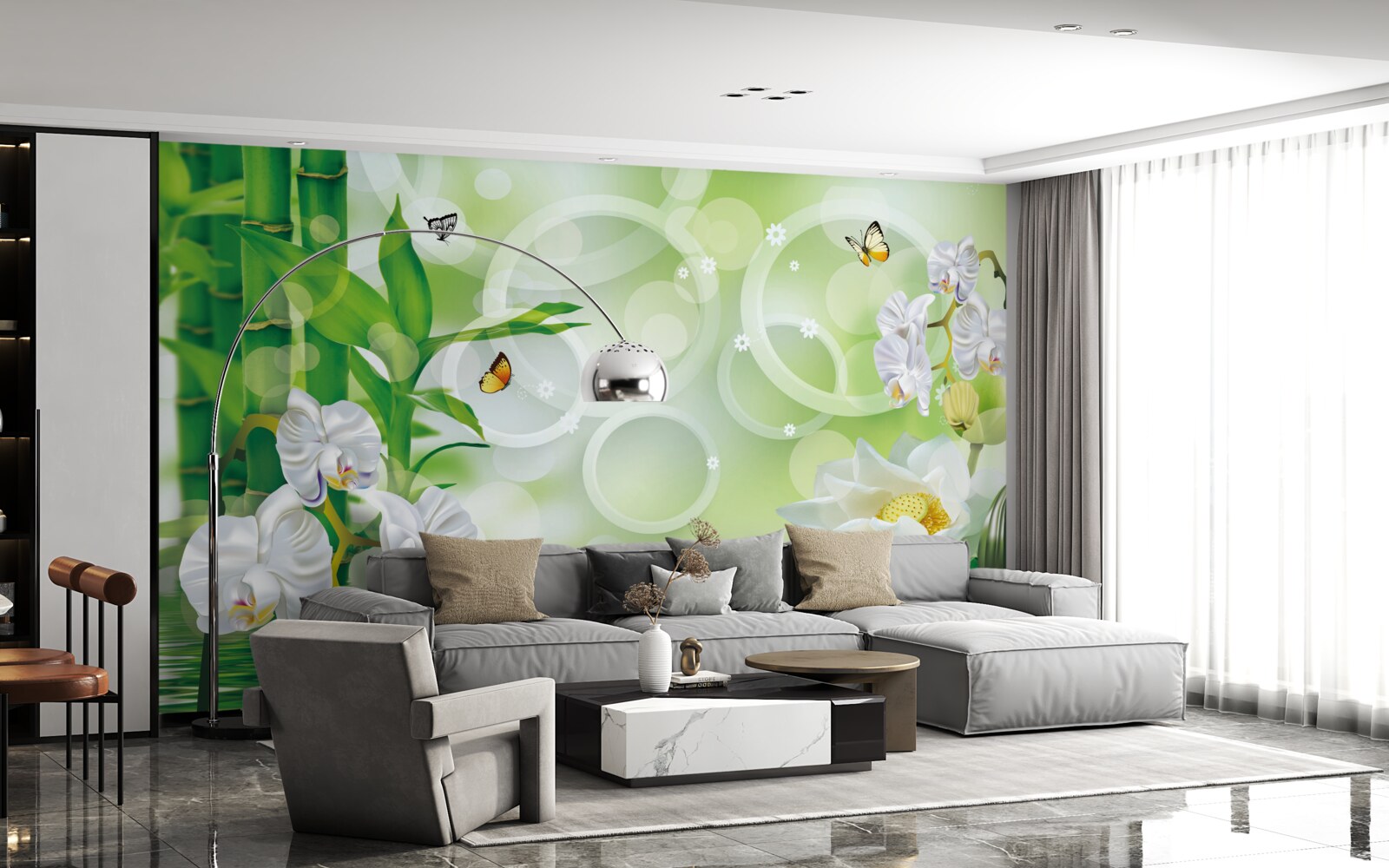 Фотошпалери зелений бамбук і квіти відбиваються у воді, оточені білими колами