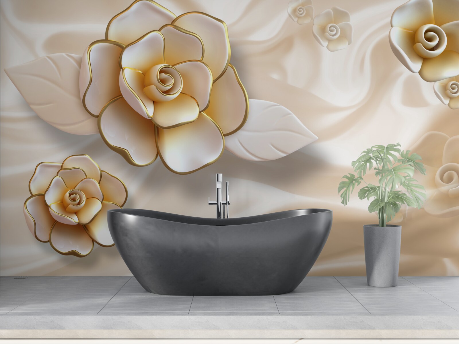 Фотошпалери розкішні білі троянди з золотистими відтінками