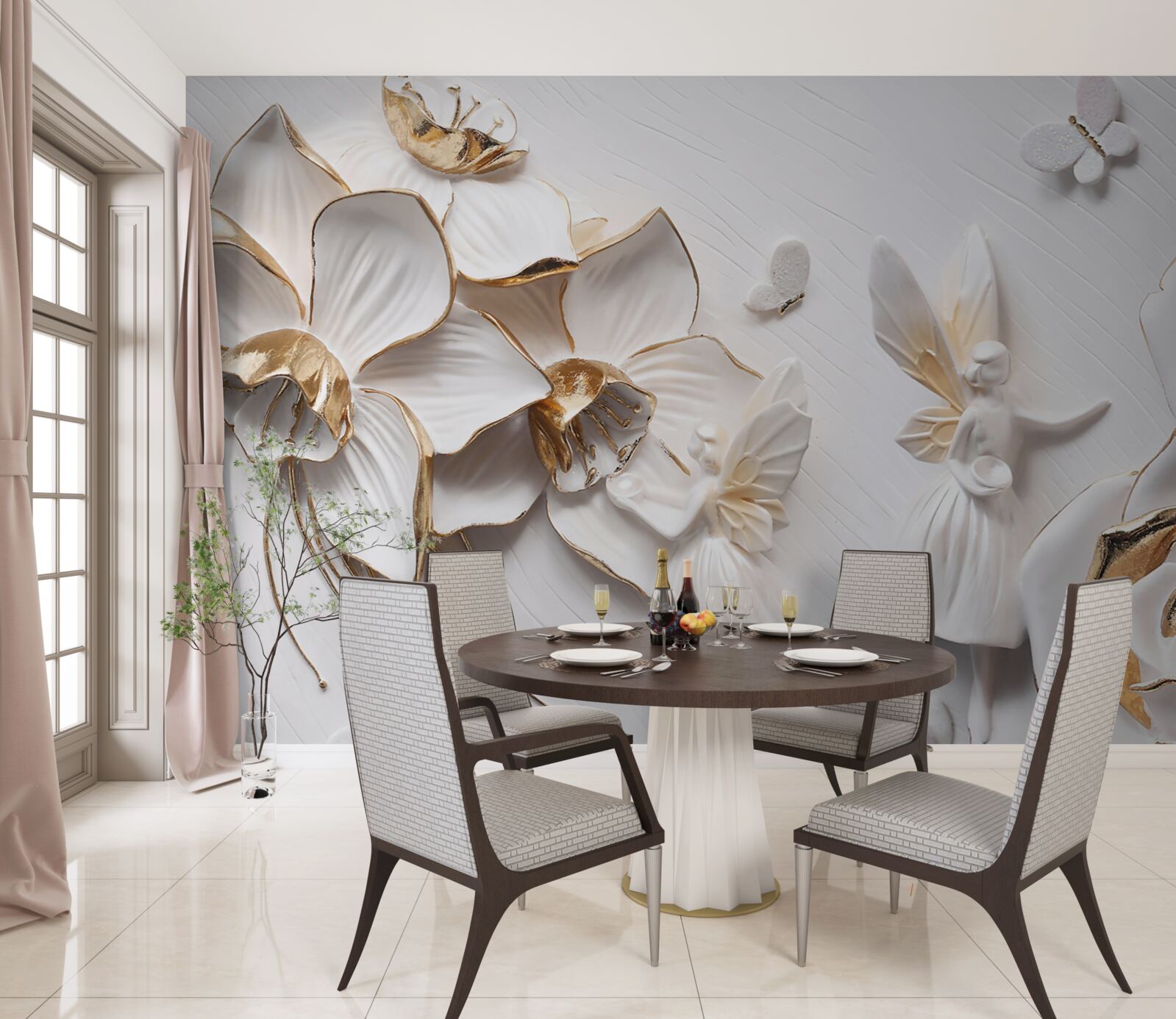 Фотошпалери метелики та золото на тлі білих квітів