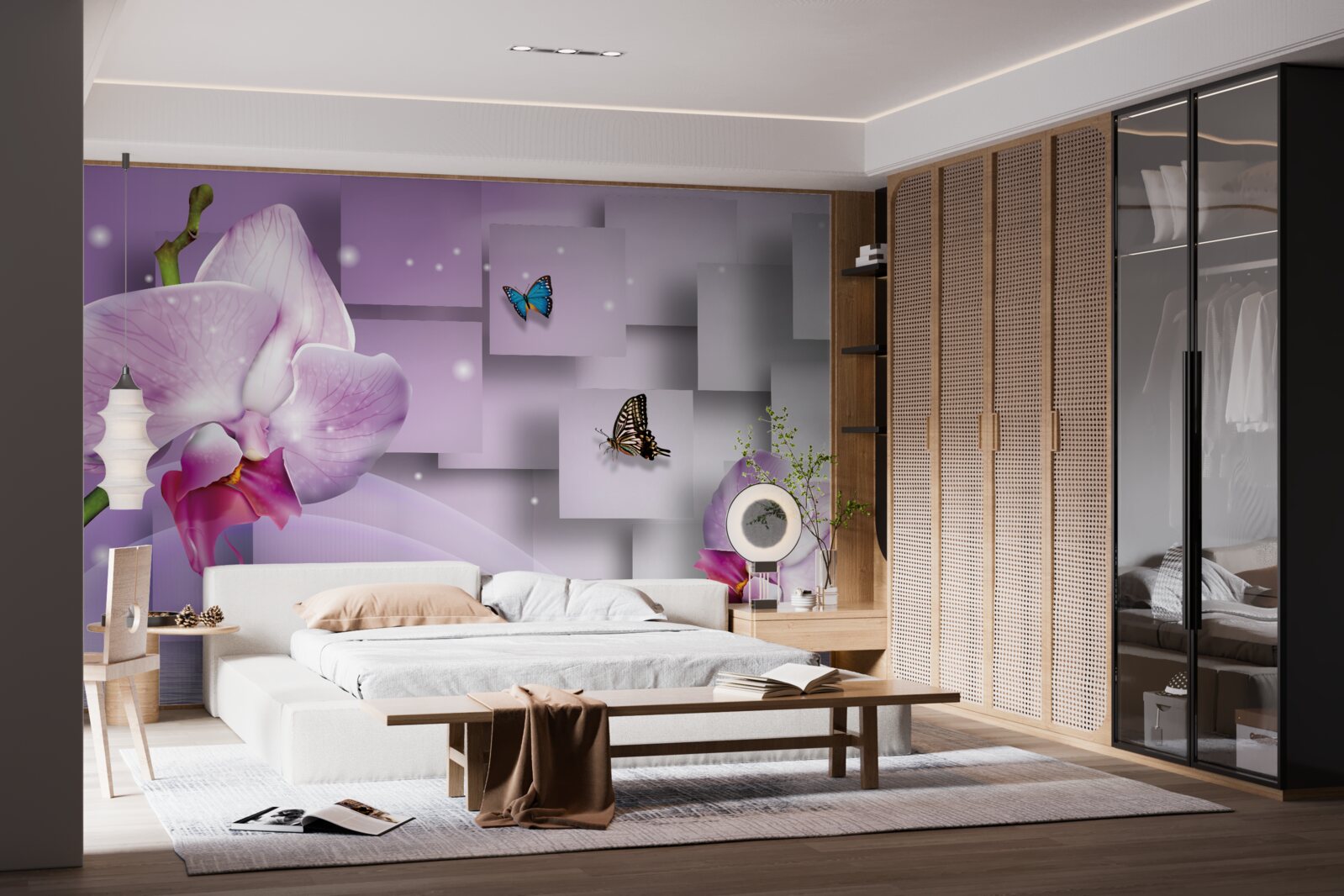 Фотошпалери бузкова орхідея і метелики, розташовані на тлі геометричного візерунка