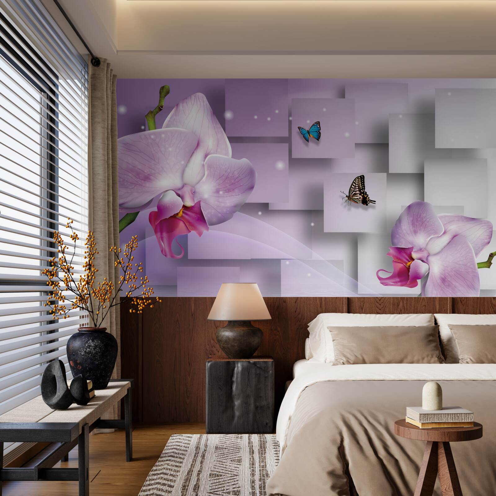 Фотошпалери бузкова орхідея і метелики, розташовані на тлі геометричного візерунка