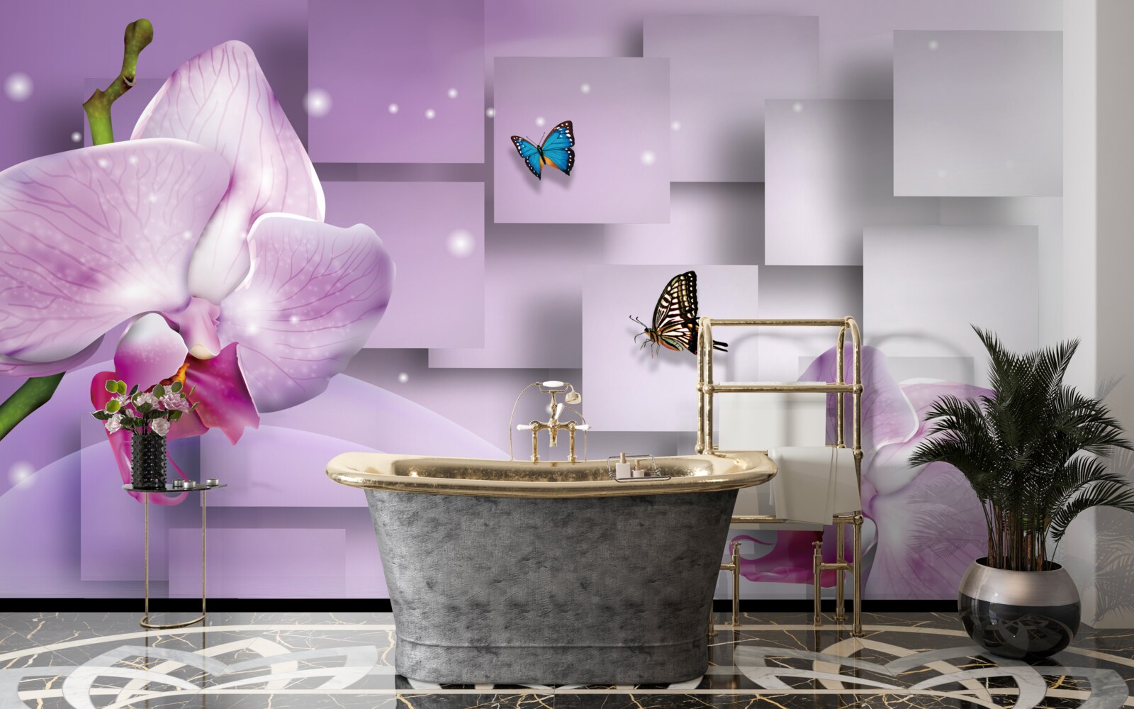 Фотошпалери бузкова орхідея і метелики, розташовані на тлі геометричного візерунка