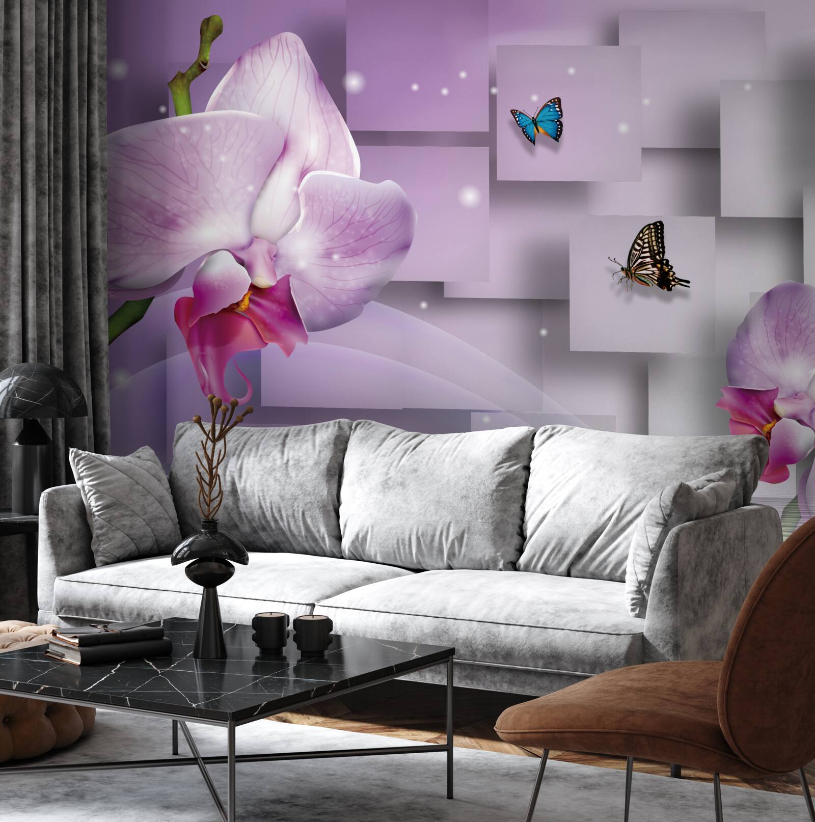 Фотошпалери бузкова орхідея і метелики, розташовані на тлі геометричного візерунка