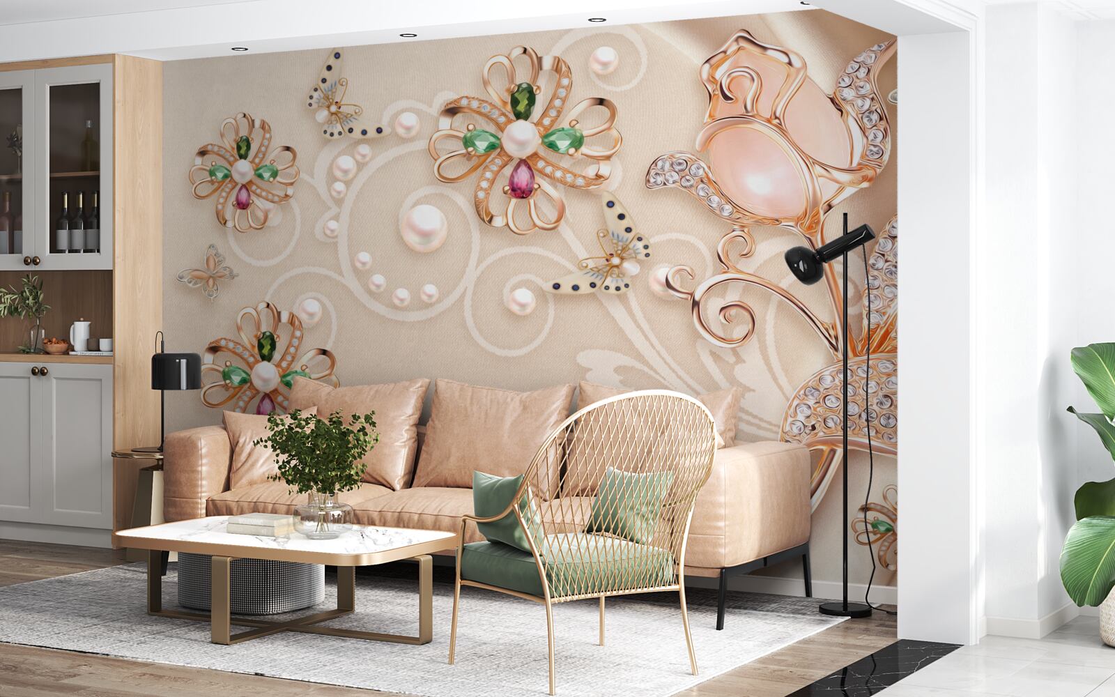 Фотошпалери дорогоцінне каміння у вигляді квітів та листя