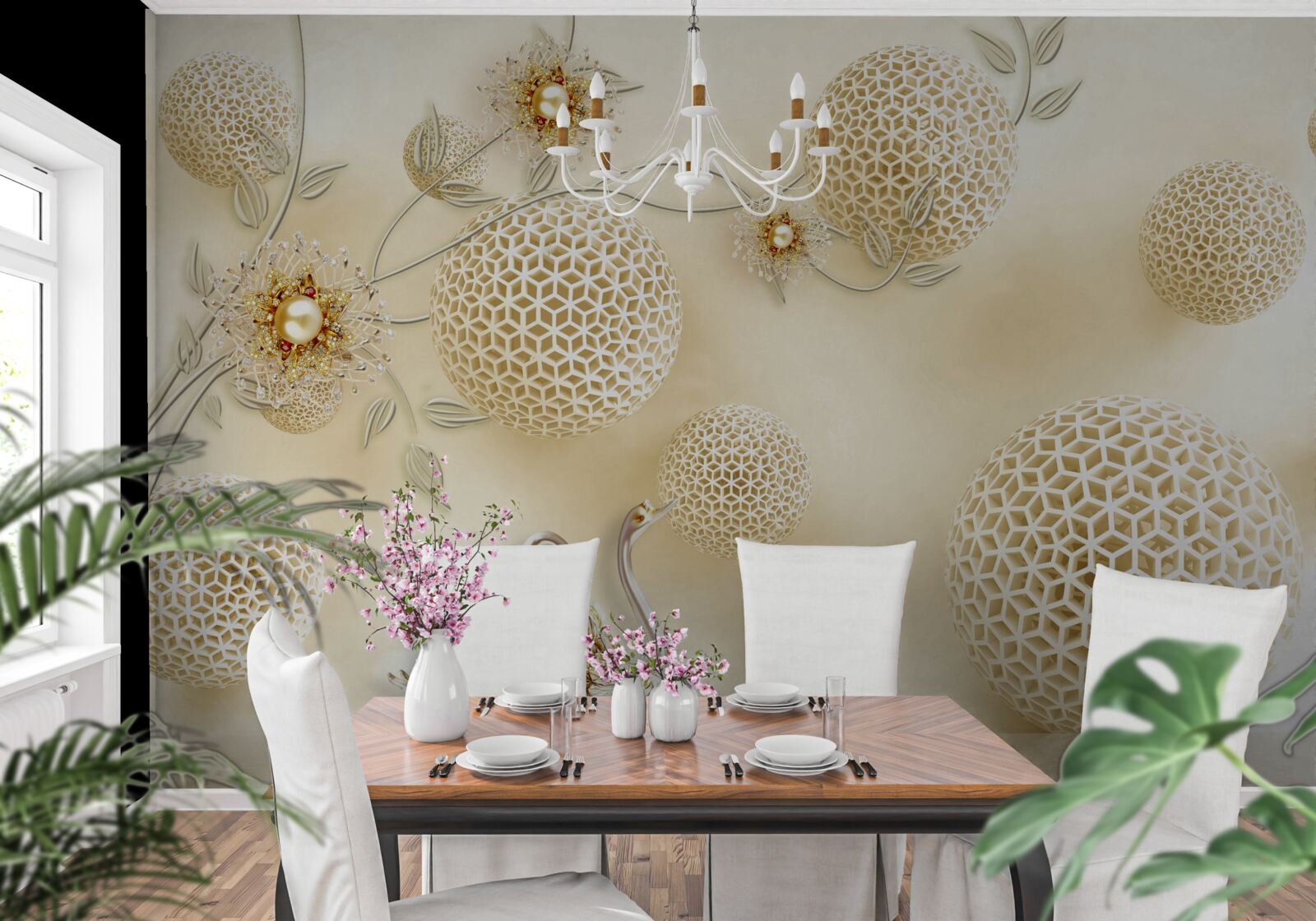 Фотошпалери Лебеді ковзають у небі, а квіти тоншають, наче бронза