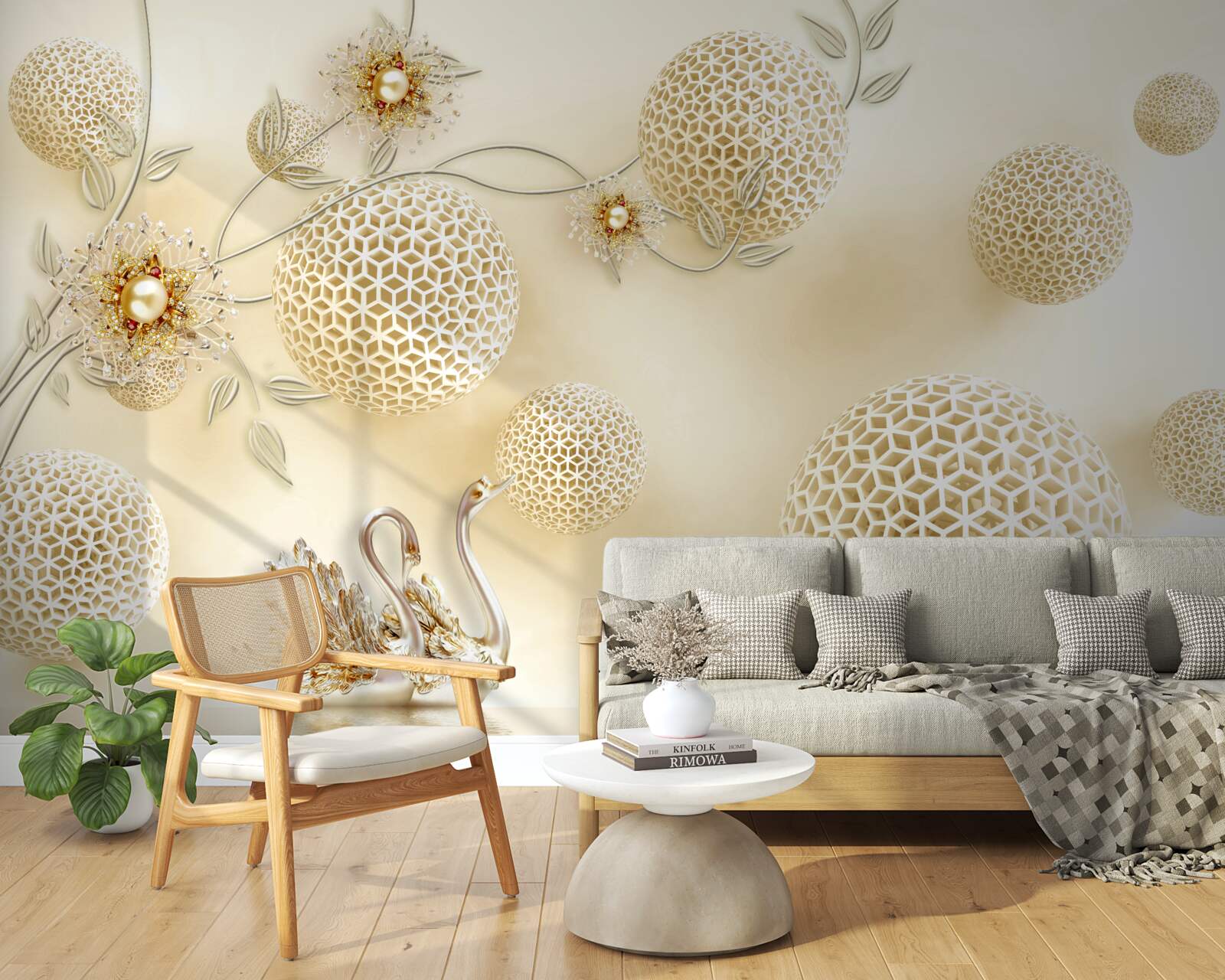 Фотошпалери Лебеді ковзають у небі, а квіти тоншають, наче бронза