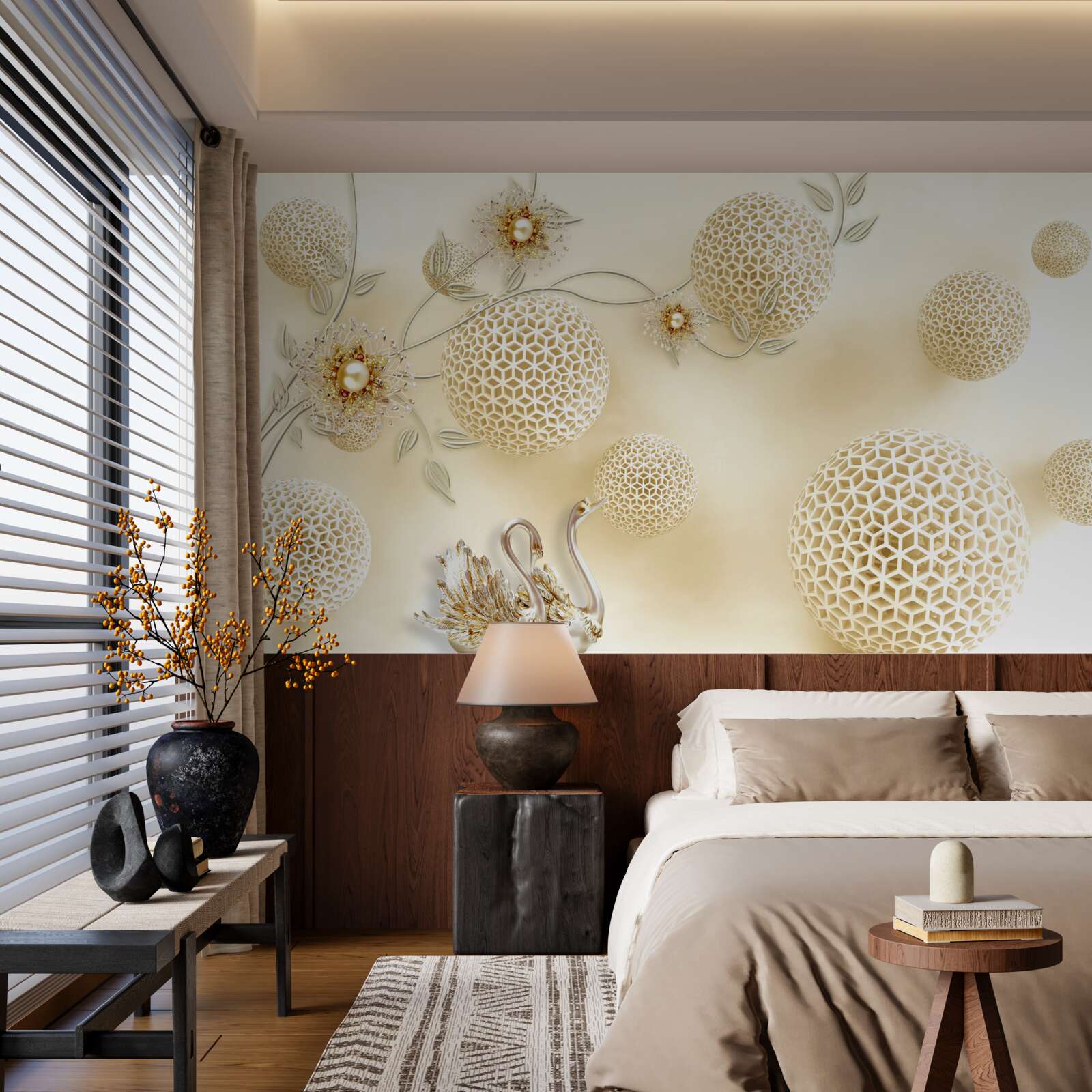 Фотошпалери Лебеді ковзають у небі, а квіти тоншають, наче бронза