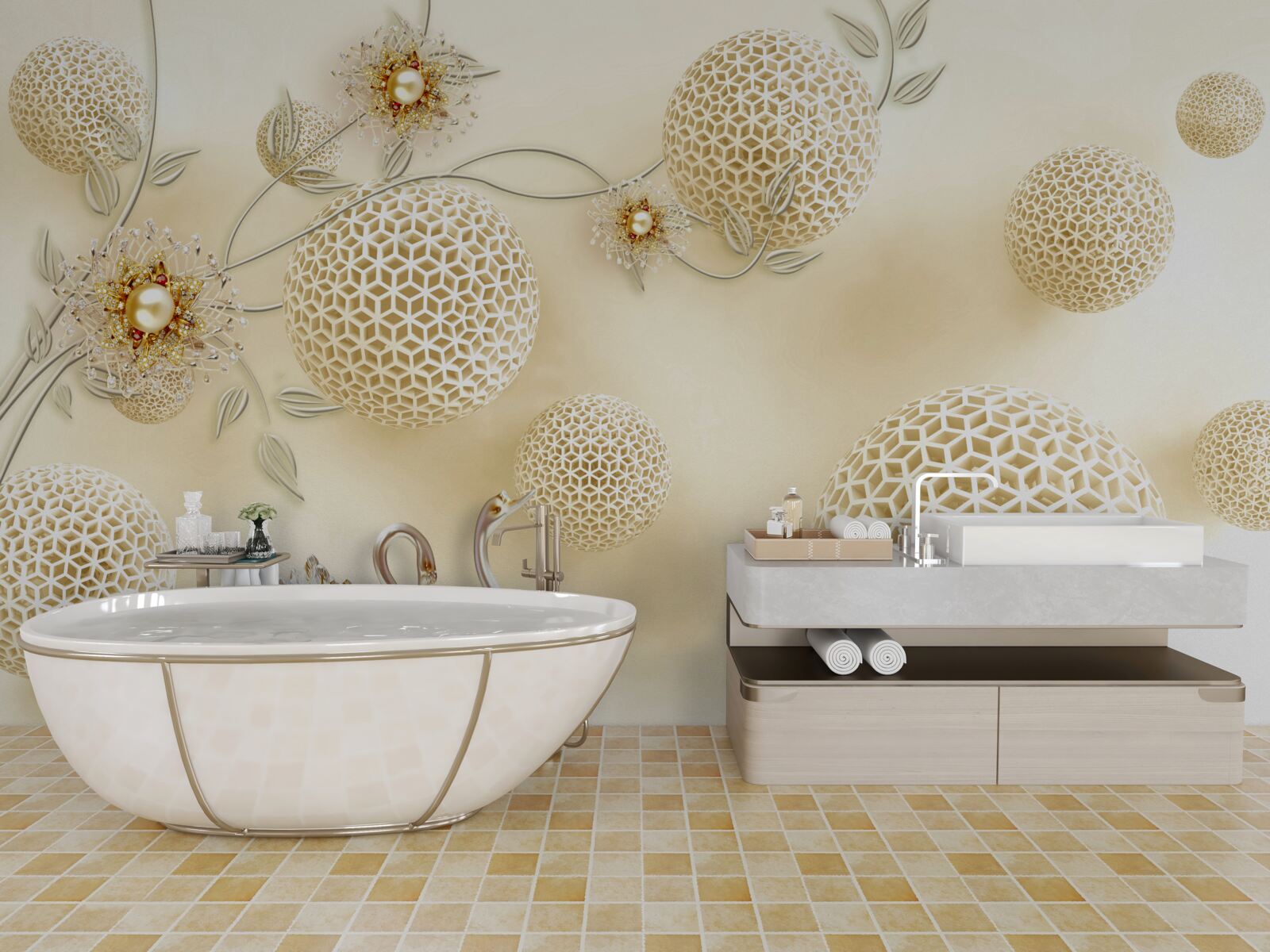 Фотошпалери Лебеді ковзають у небі, а квіти тоншають, наче бронза