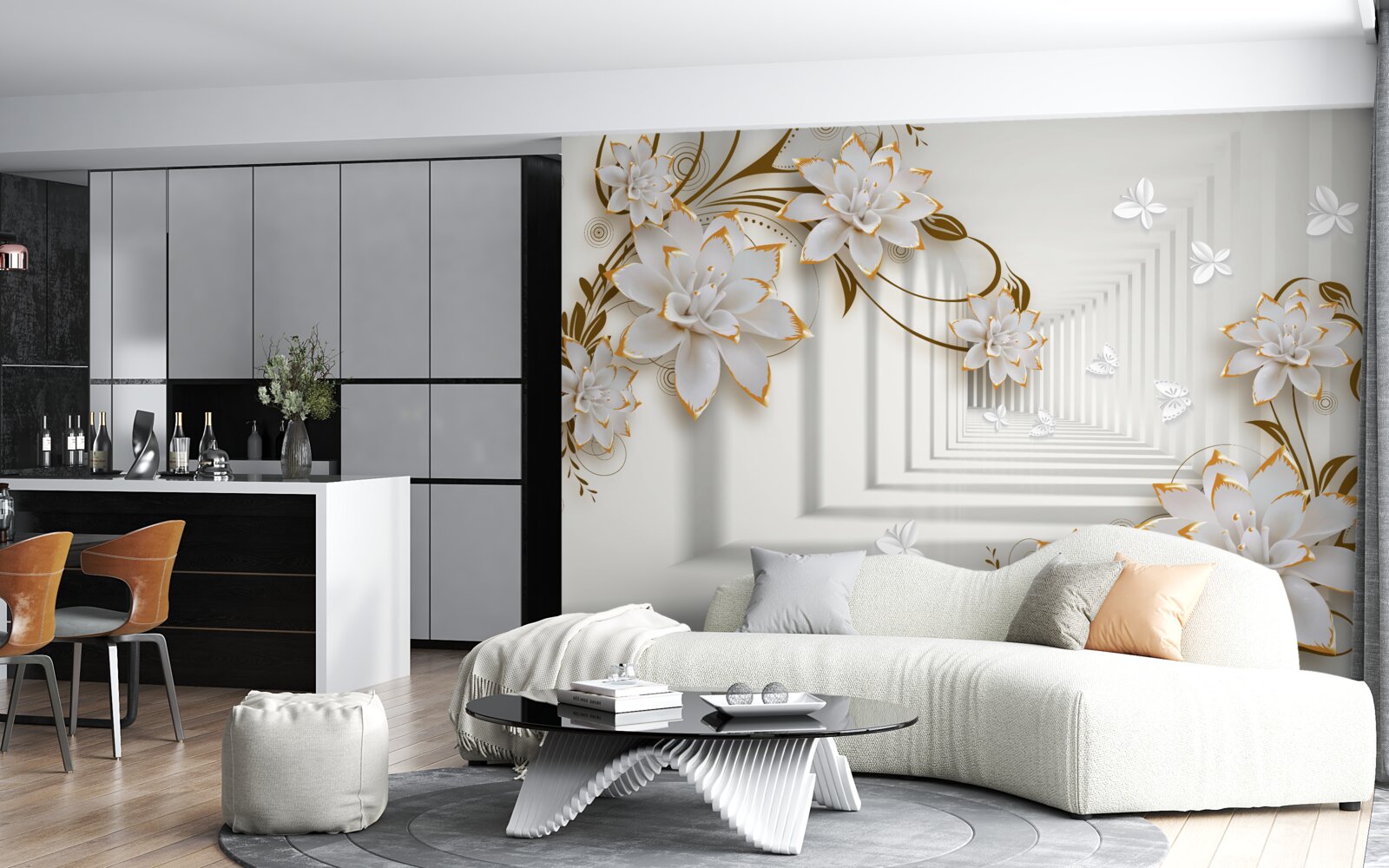 Фотошпалери золоті прикраси на білих лотосах у передпокої