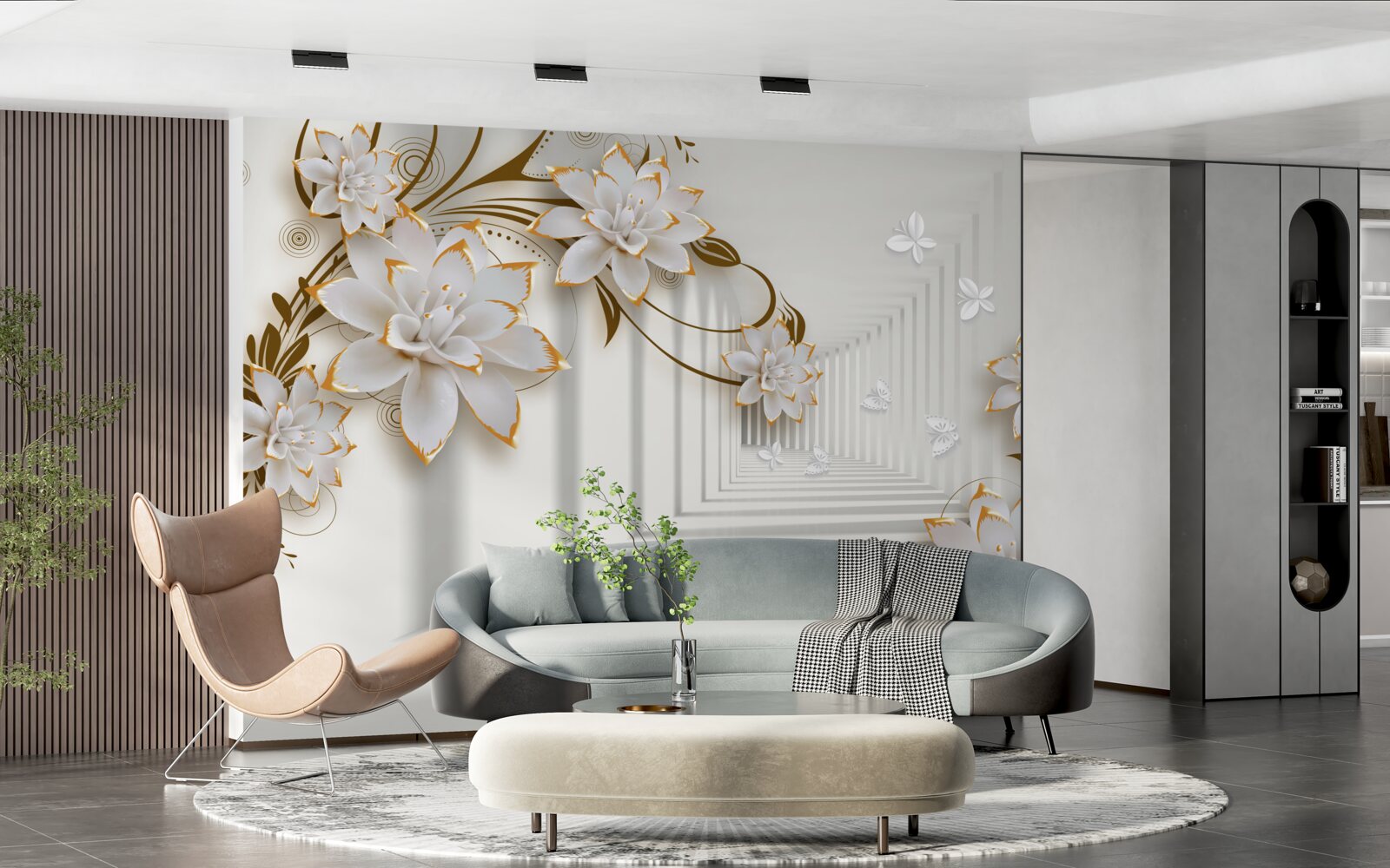 Фотошпалери золоті прикраси на білих лотосах у передпокої