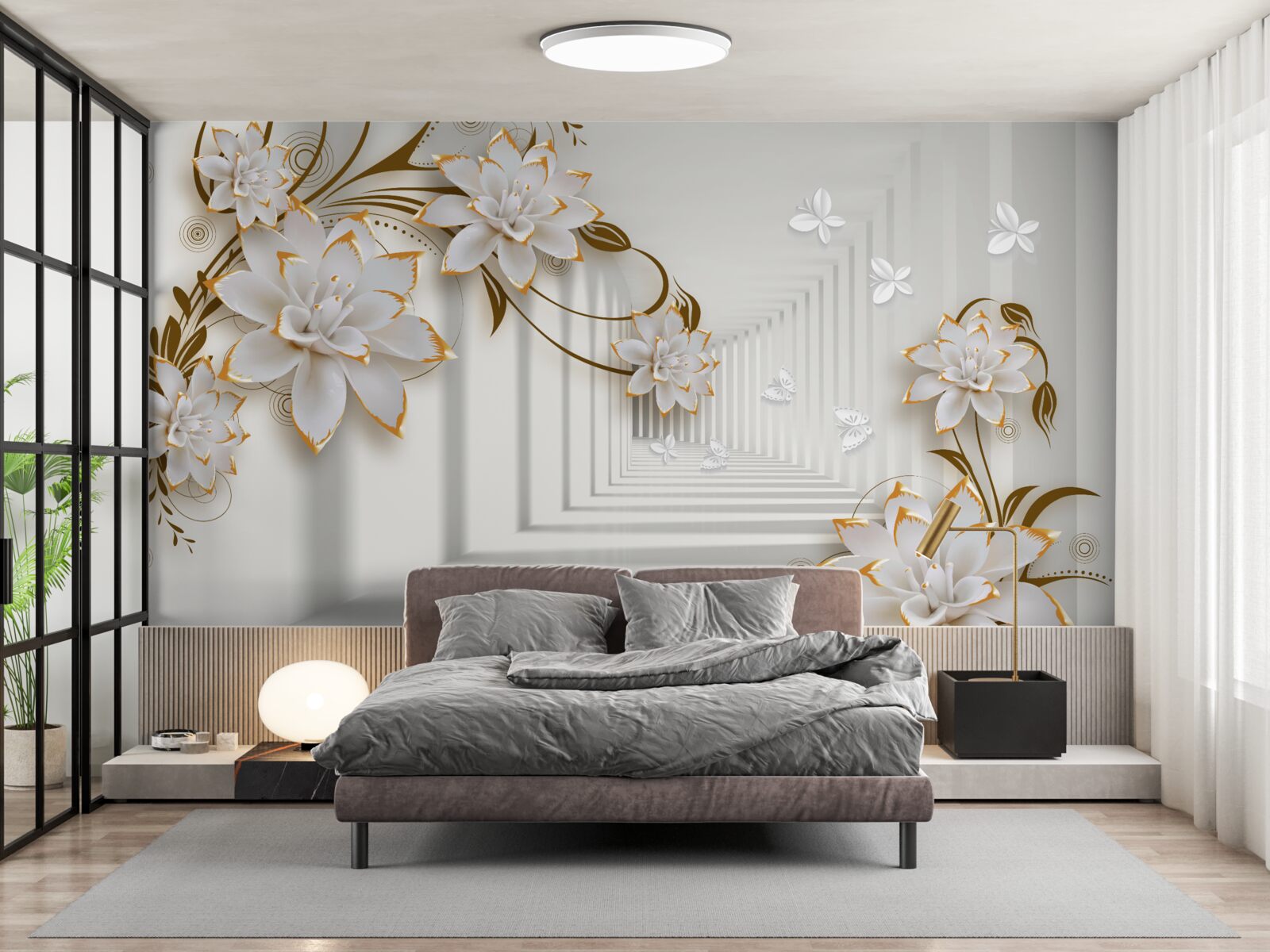 Фотошпалери золоті прикраси на білих лотосах у передпокої