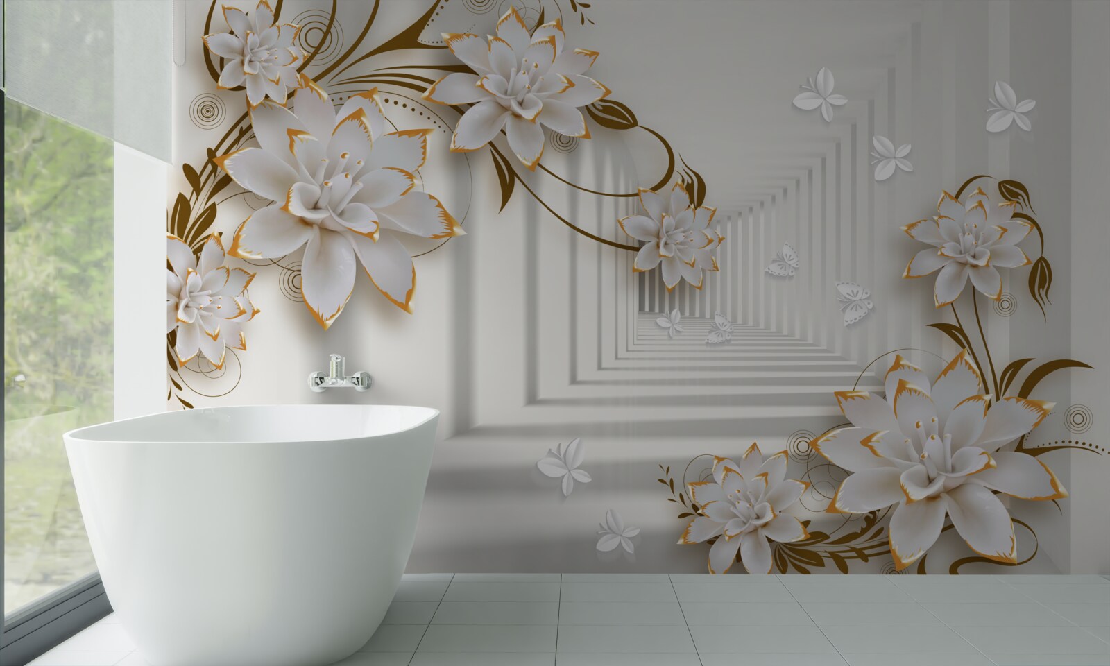 Фотошпалери золоті прикраси на білих лотосах у передпокої