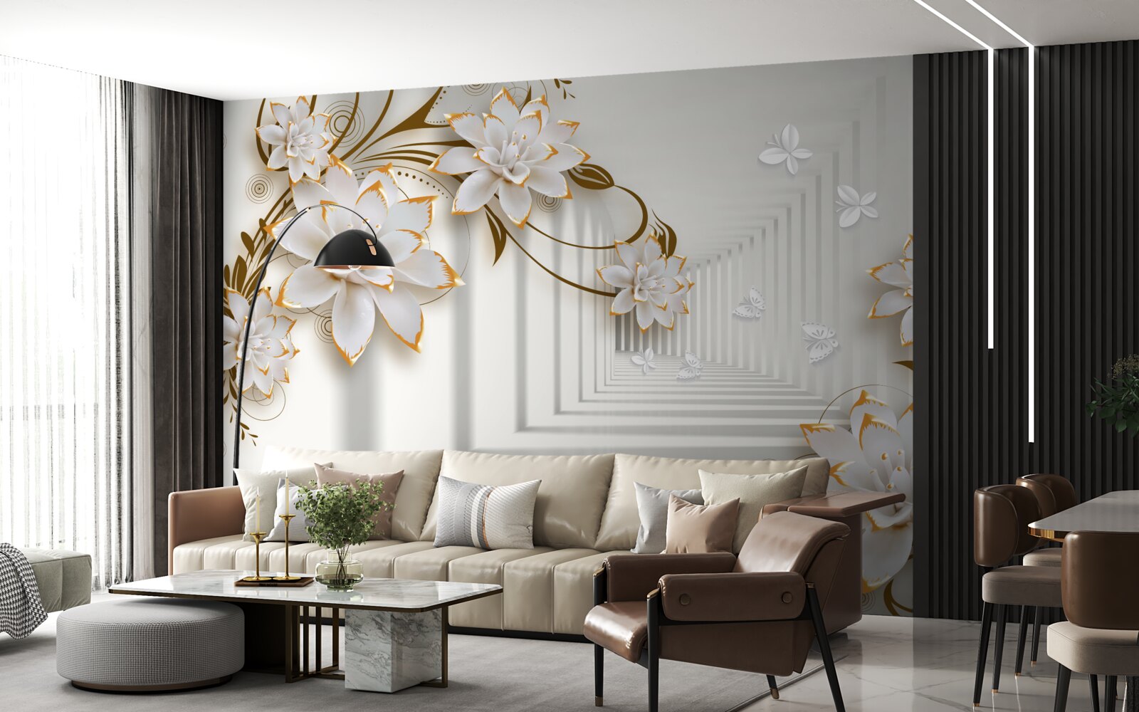 Фотошпалери золоті прикраси на білих лотосах у передпокої