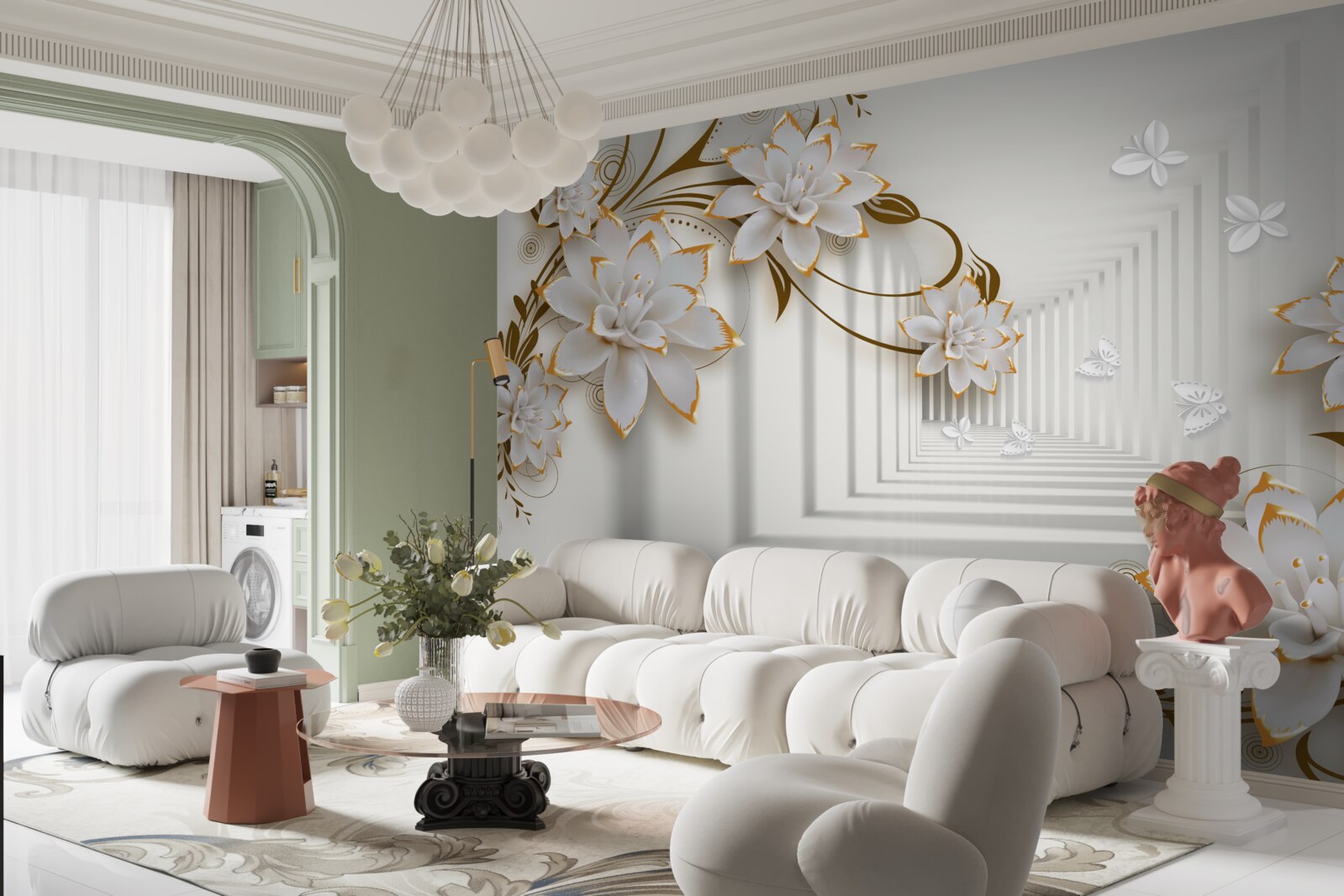 Фотошпалери золоті прикраси на білих лотосах у передпокої