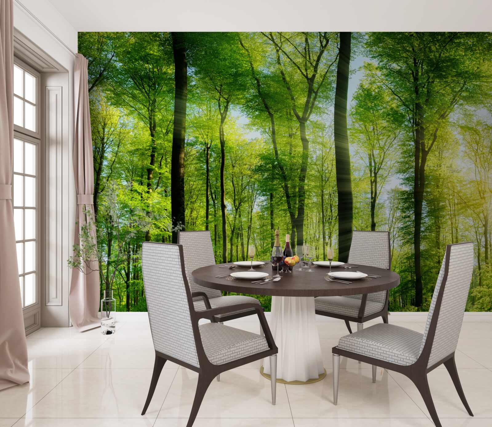 Фотошпалери сонячні промені проникають крізь листя дерев