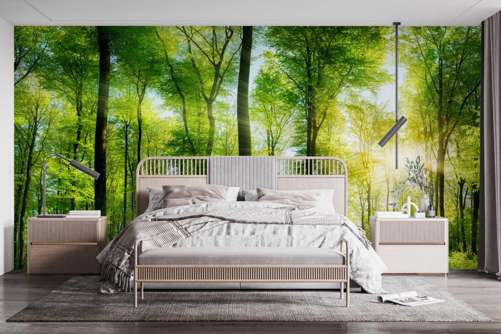 Фотошпалери сонячні промені проникають крізь листя дерев