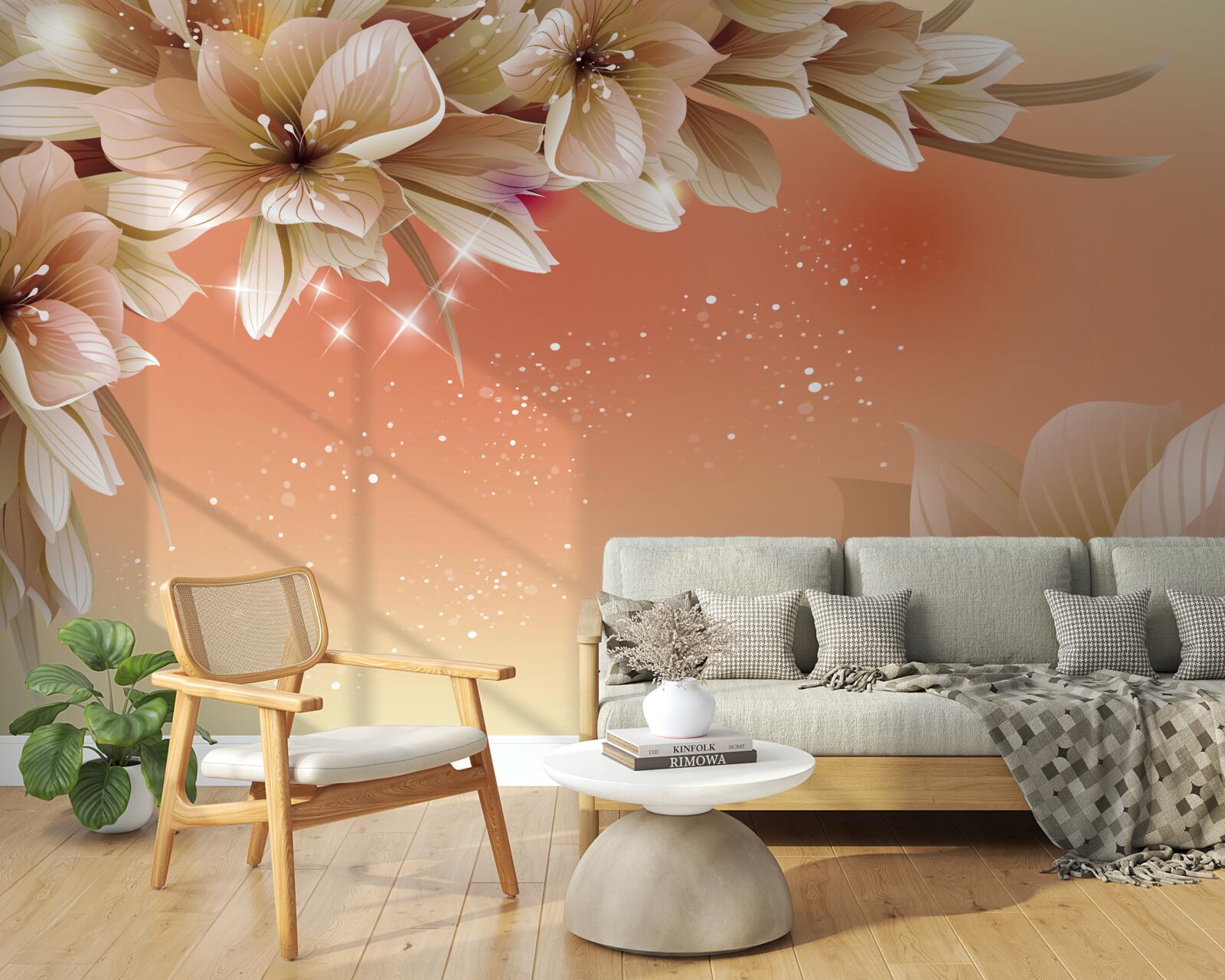 Фотошпалери білі квіти, що розпускаються на гілці на тлі заходу сонця