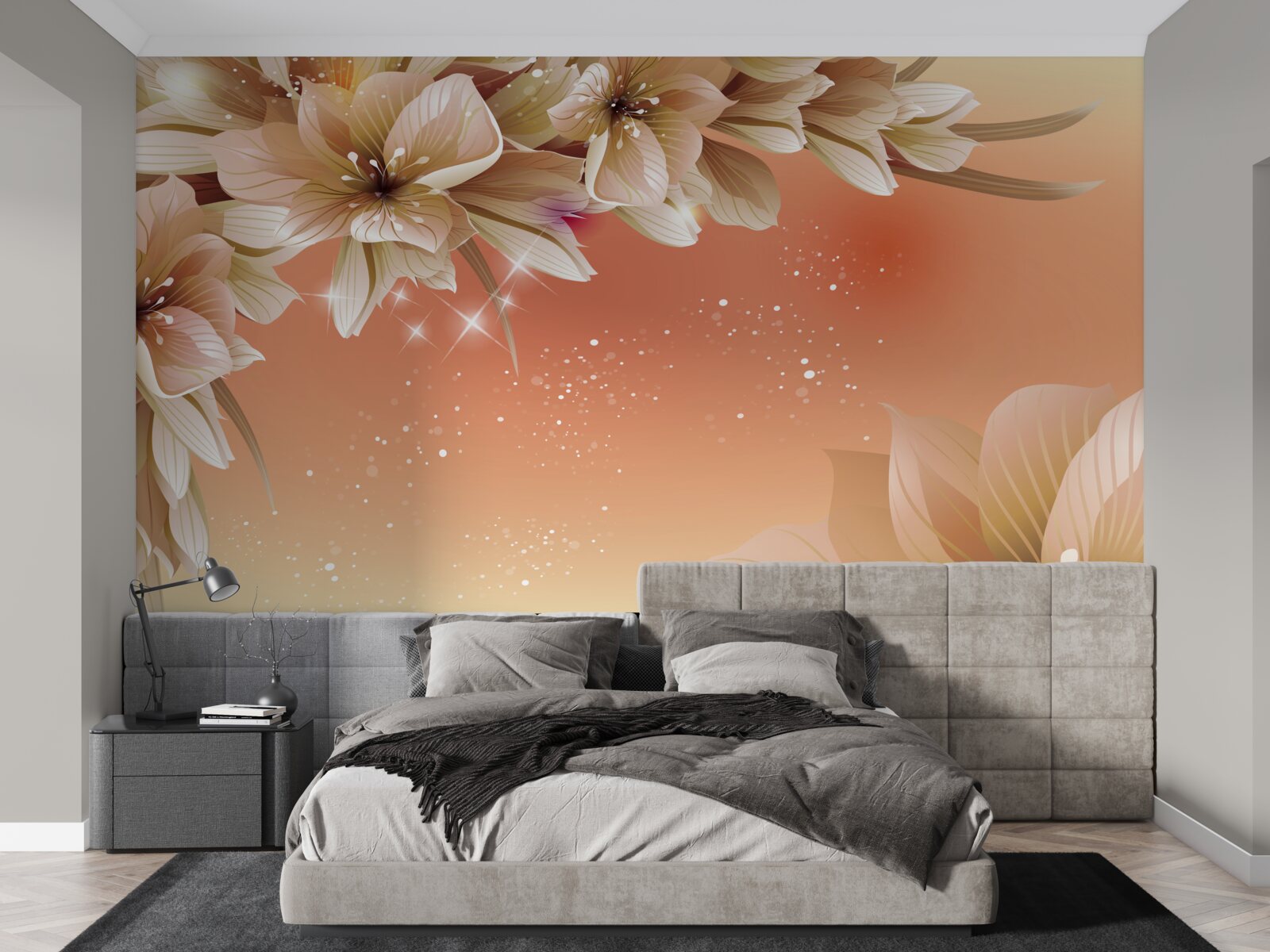 Фотошпалери білі квіти, що розпускаються на гілці на тлі заходу сонця