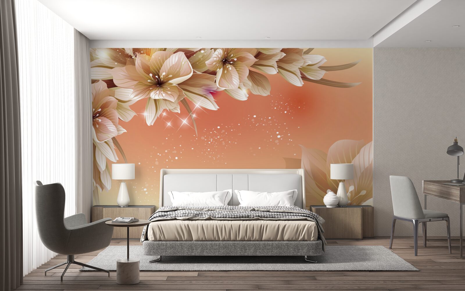 Фотошпалери білі квіти, що розпускаються на гілці на тлі заходу сонця