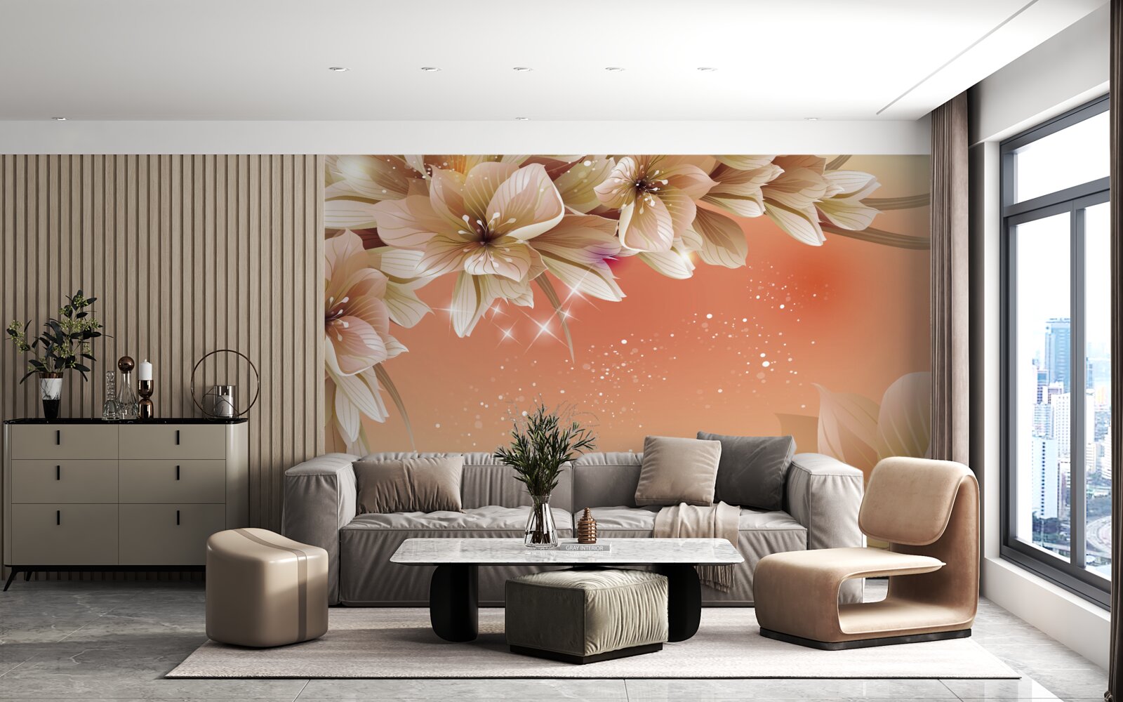 Фотошпалери білі квіти, що розпускаються на гілці на тлі заходу сонця