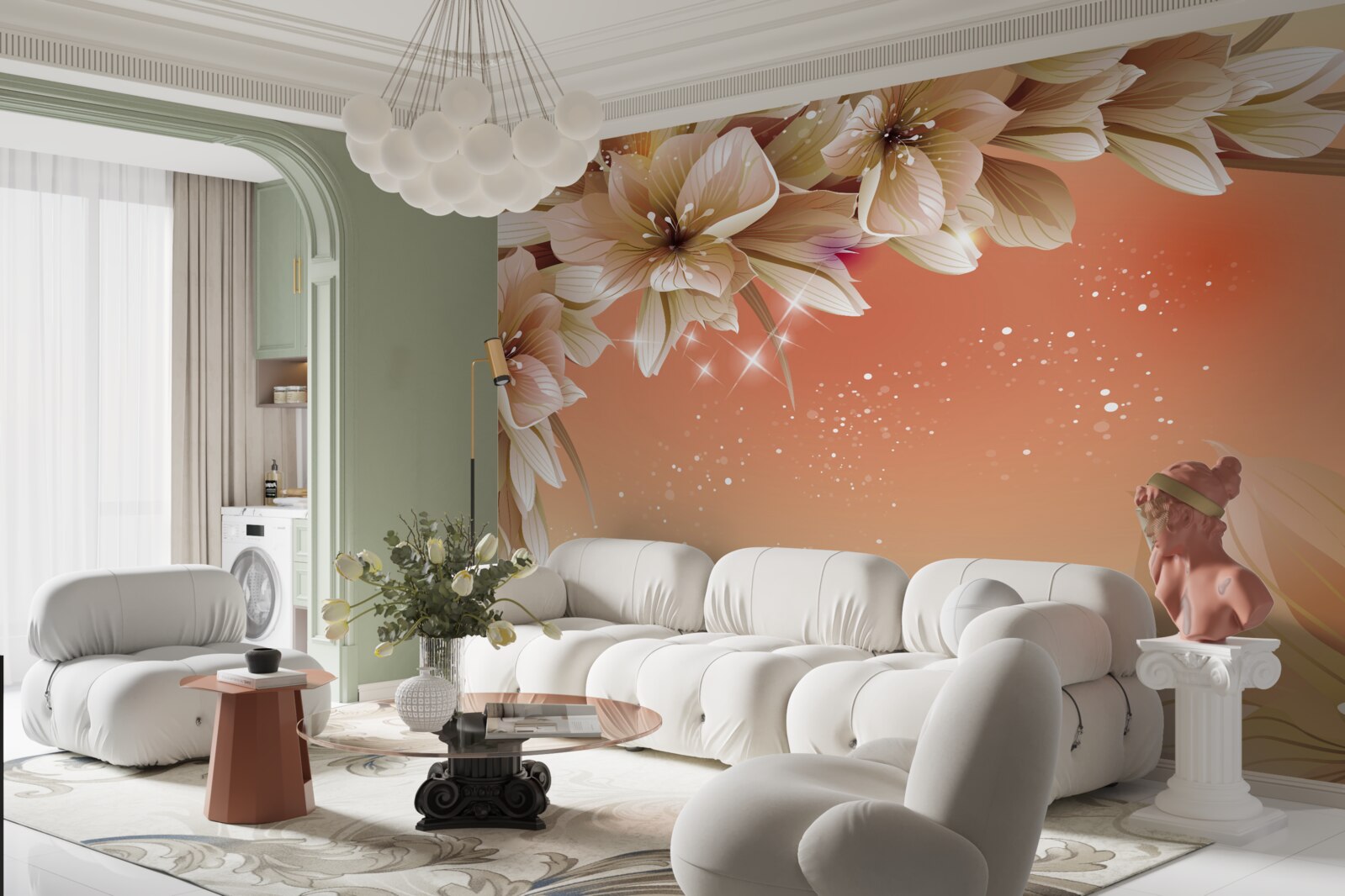 Фотошпалери білі квіти, що розпускаються на гілці на тлі заходу сонця