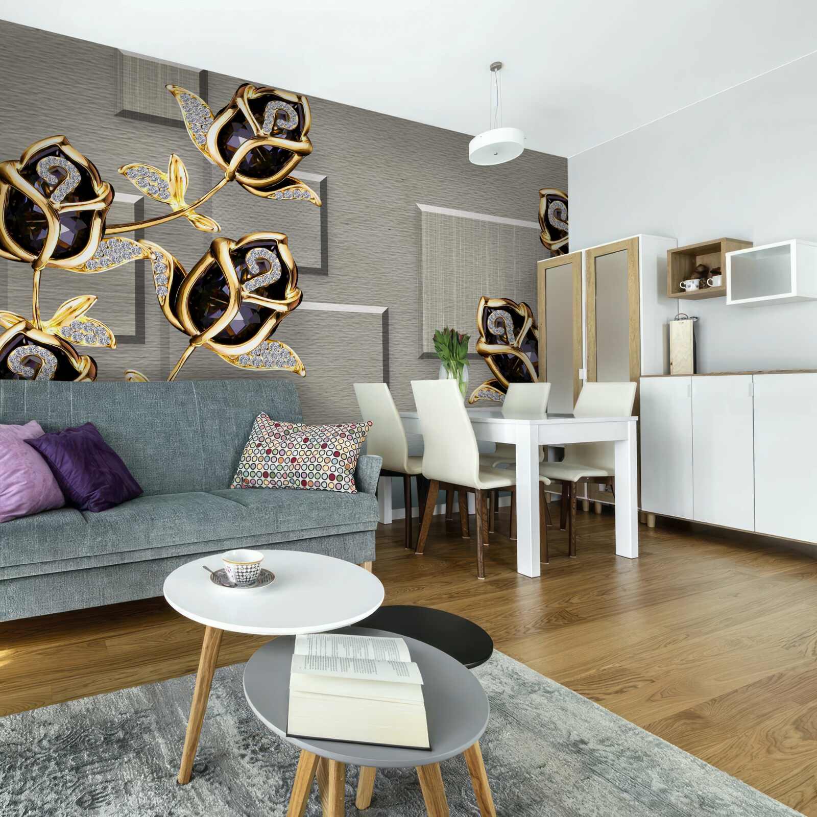 Фотошпалери чорні троянди в золотій оправі