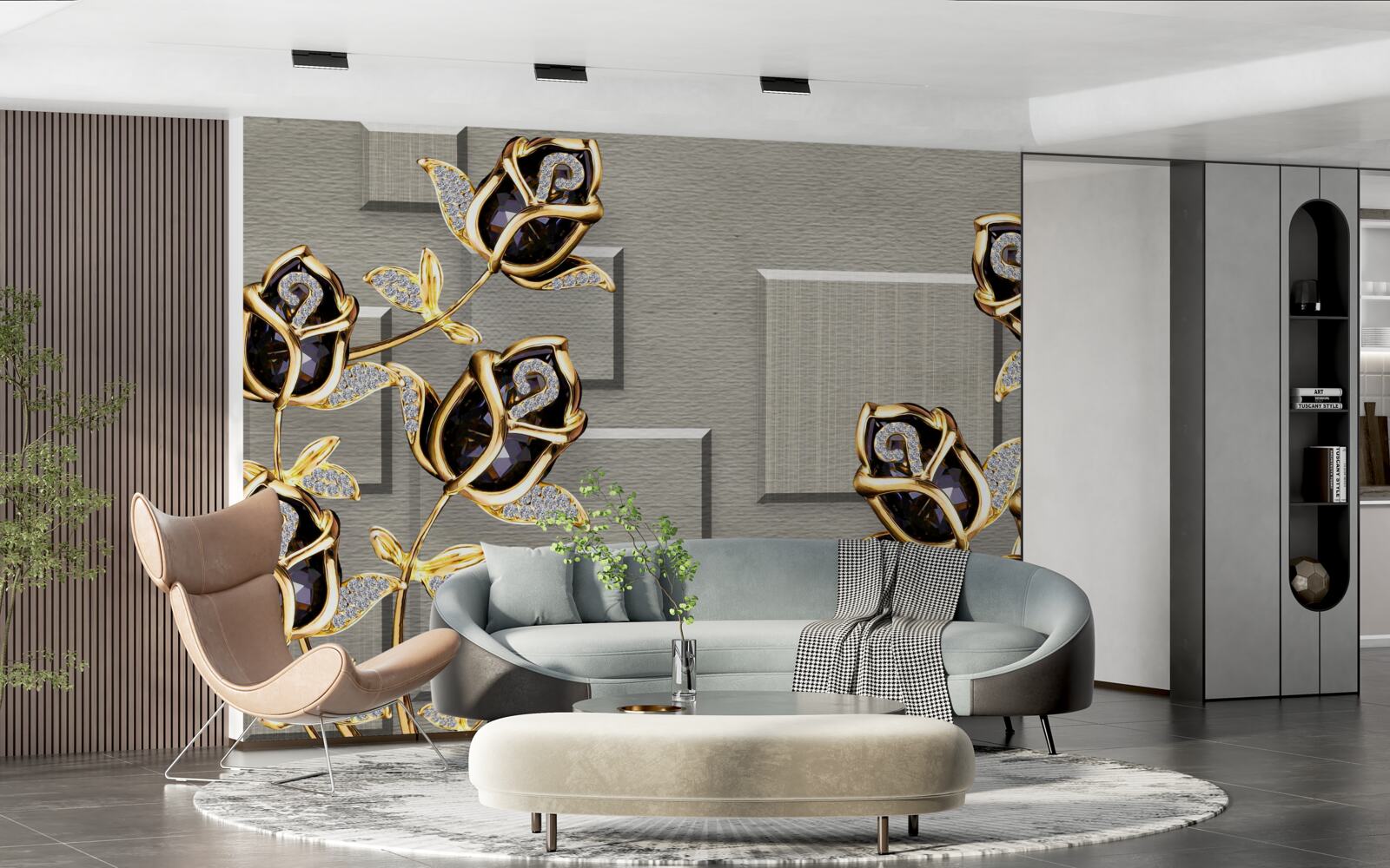 Фотошпалери чорні троянди в золотій оправі