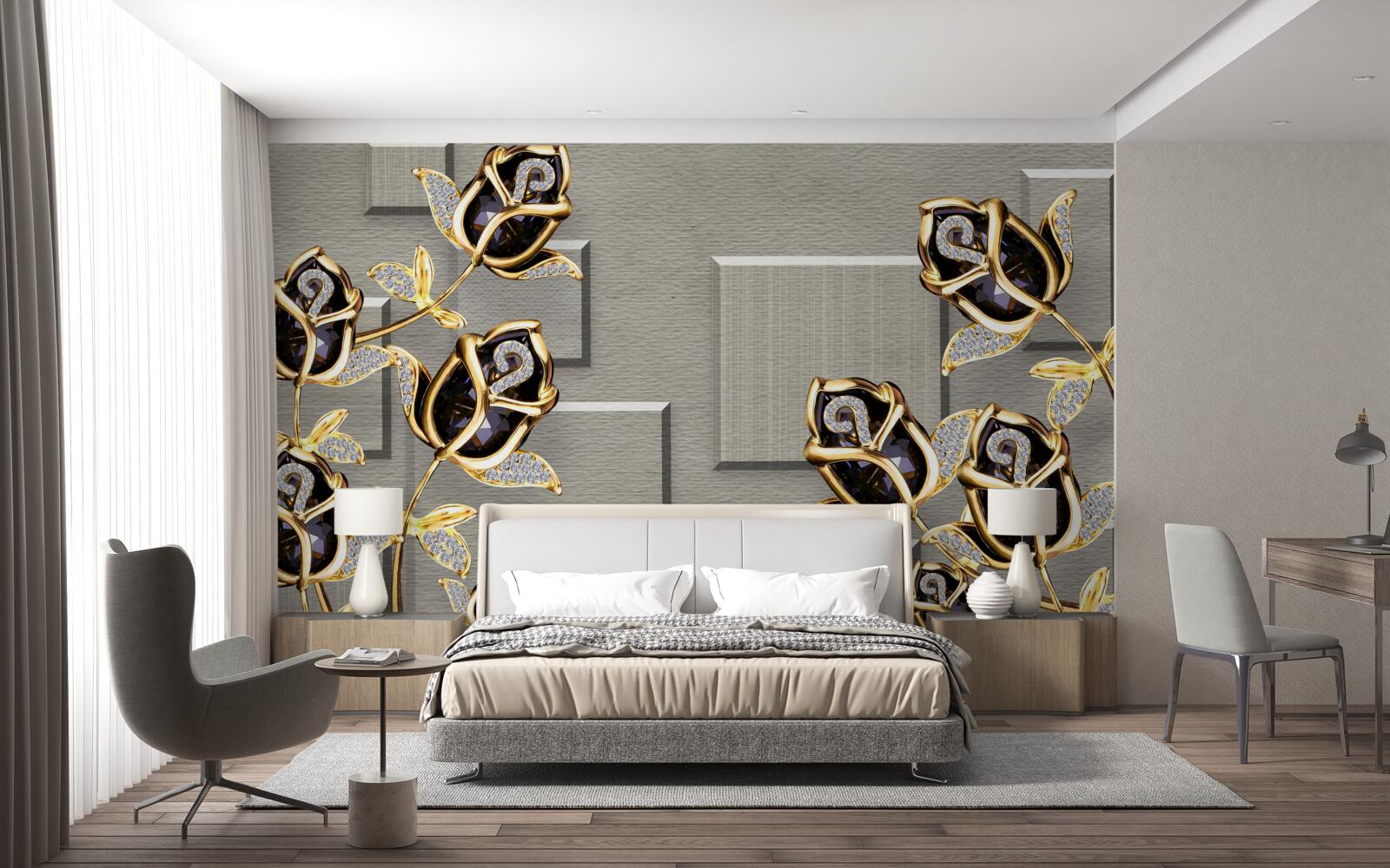 Фотошпалери чорні троянди в золотій оправі