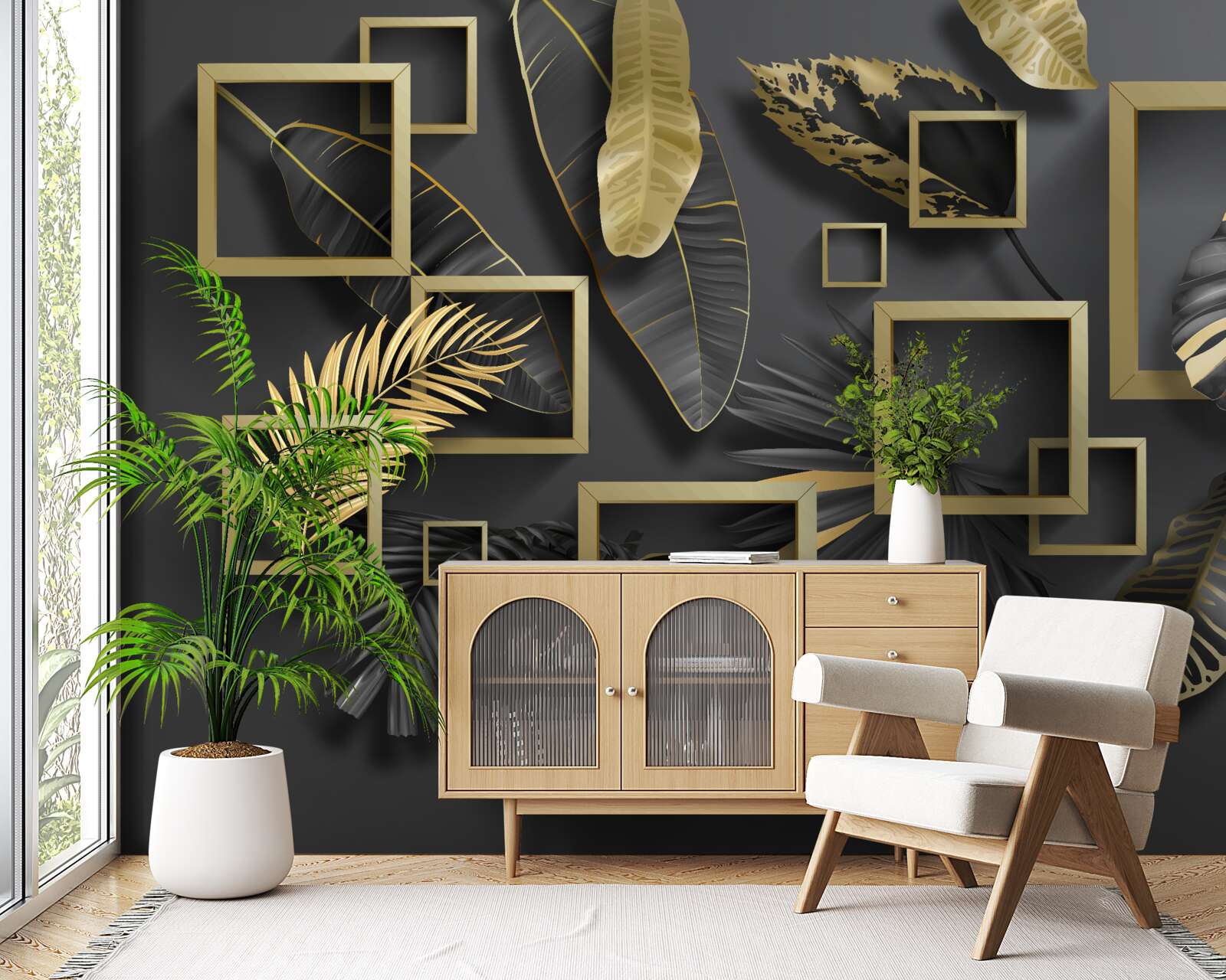 Фотошпалери в обрамленні чорного та золотого пір'я