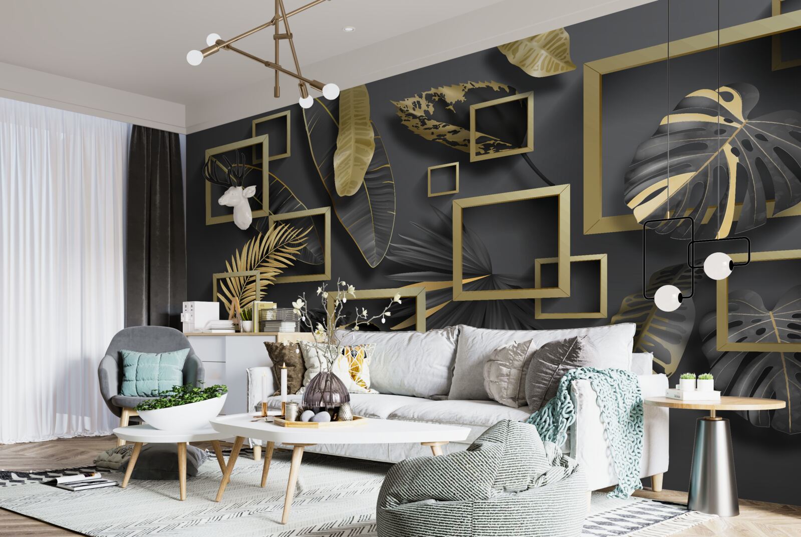 Фотошпалери в обрамленні чорного та золотого пір'я